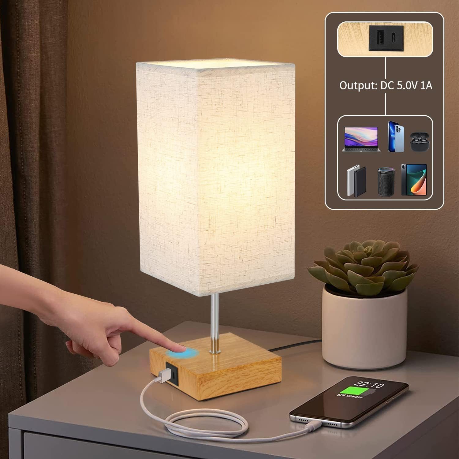 ZMH Tischleuchte Schlafzimmer Touch Nachttischlampe - Warmweiß Dimmbar, max. 40W,Stoffschirm