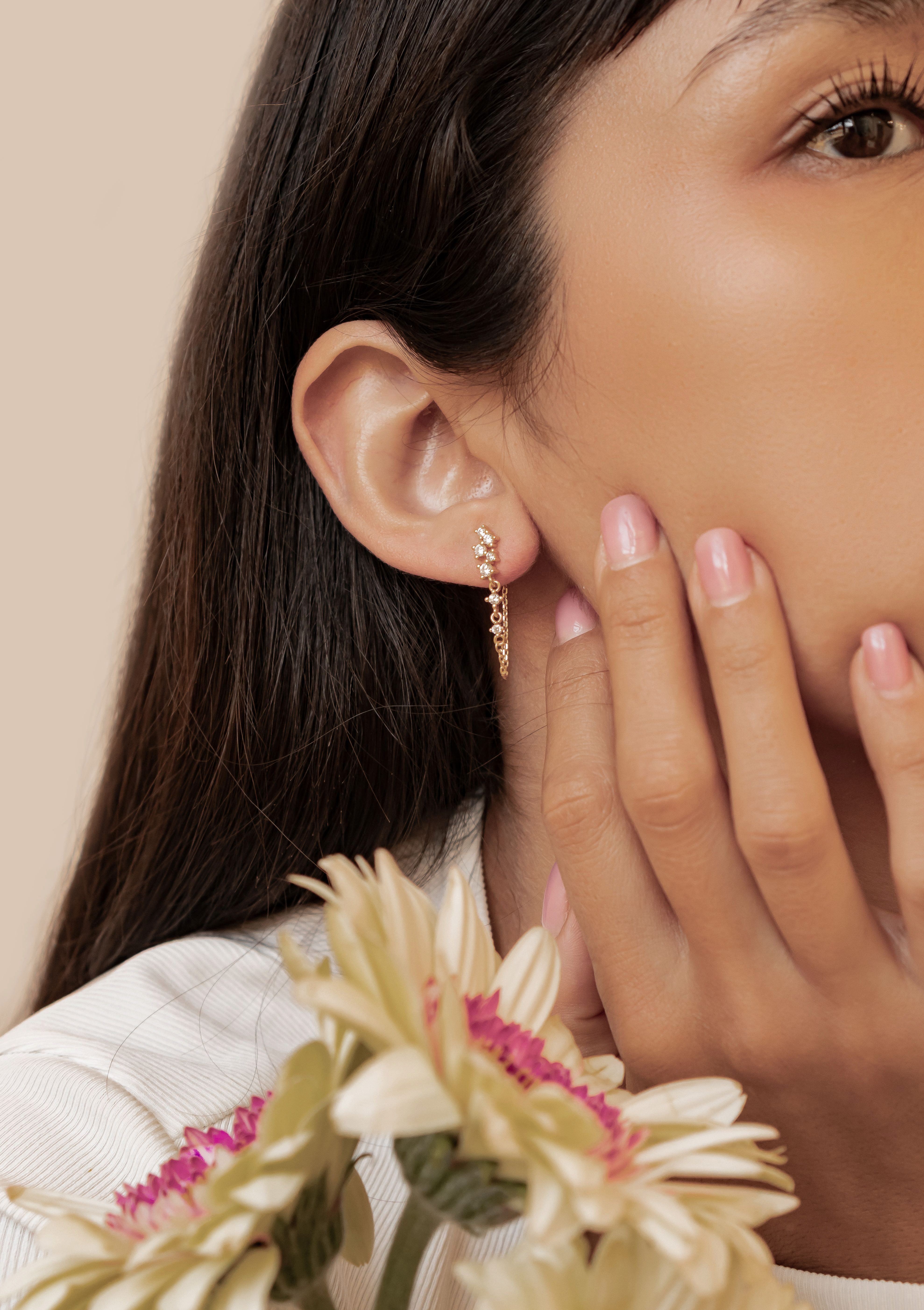 Hey Happiness Paar Ohrhänger Damen Ohrringe mit Zirkonia und Kette, Edle Kettenohrringe aus 925 Silber, vergoldet / rosévergoldet – Bild 2 von 5