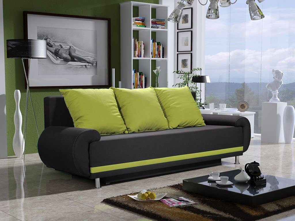 inkl. mit Designersofa Sofa 3-Sitzer Schlafsofa 3 Bettkasten Rückenkissen, Schlaffunktion, Fun Anthrazit-Limette MIKA Möbel mit