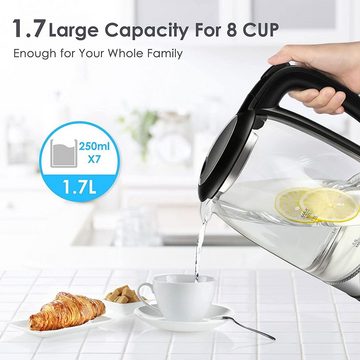 Bonsenkitchen Wasserkocher Wasserkocher aus Glas, 1,7 L 2200 W Wasserkocher mit blauer LED-Beleuchtung, automatischer Abschaltung und Überhitzungsschutz, Innendeckel und Boden aus 304 Edelstahl (BPA-frei), 1,7 l, 2200 W