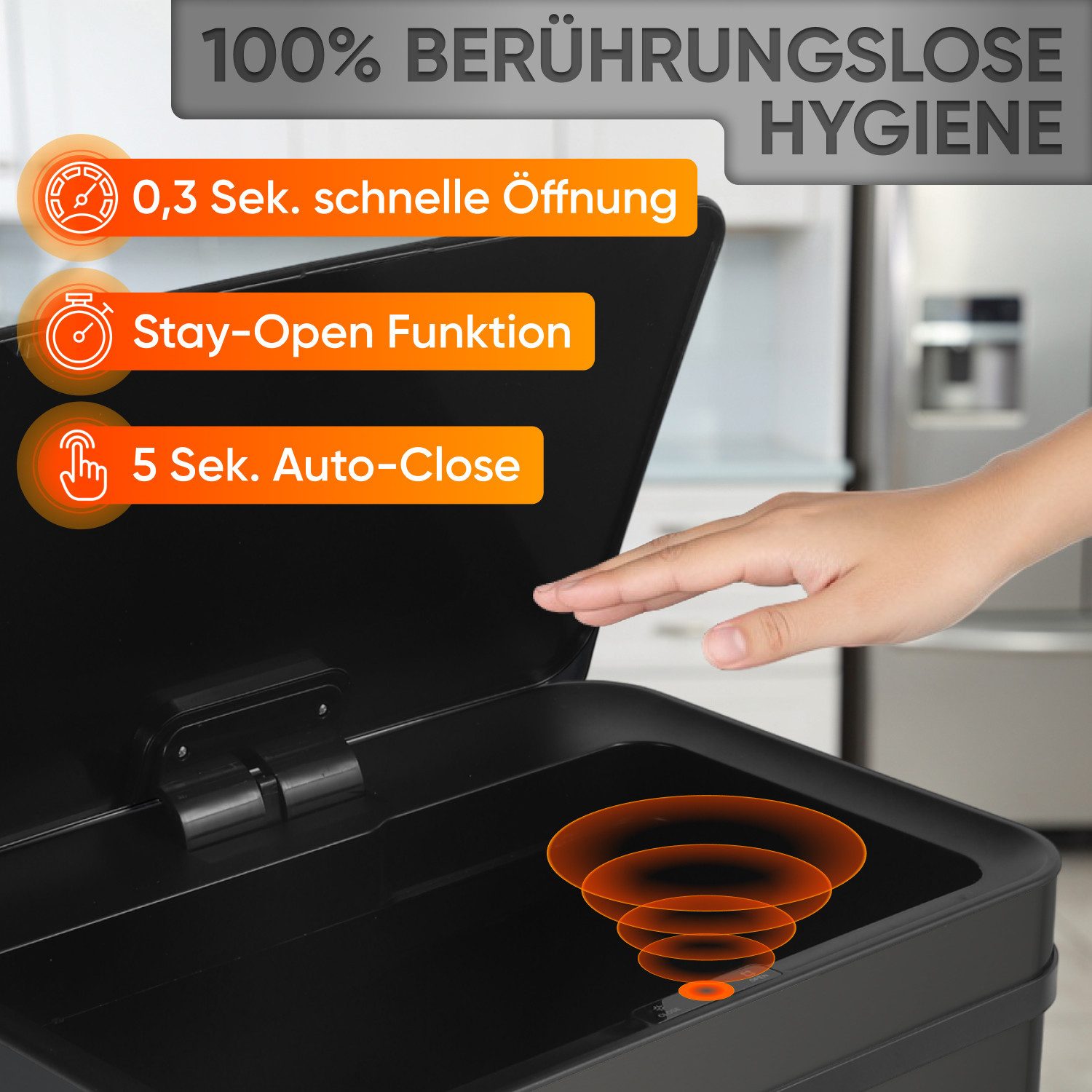 Allyson Mülleimer Edelstahl Mülleimer mit Sensor-Automatik Abfalleimer Trennsystem, 4-Zonen-Trennung, Infrarot-Sensor, Soft-Close, rollbare Schublade.
