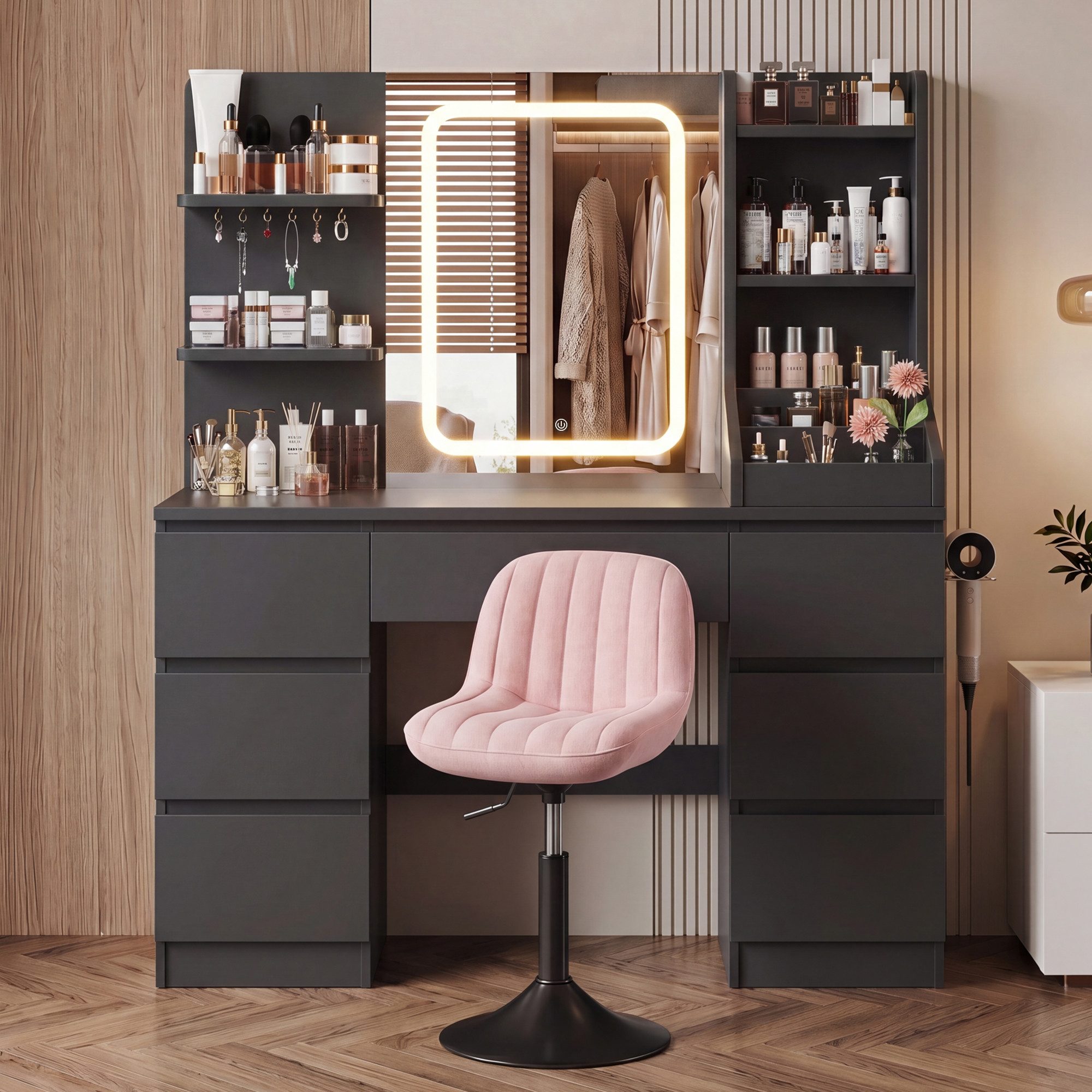 HOMALL Schminktisch Spiegel mit LED-Beleuchtung, 7 Schubladen (Maße: 110 × 40 × 139 cm, drei einstellbare Farbtemperaturen, mit 8 offenen Ablagefächern, 6 Schmu – Bild 3 von 5