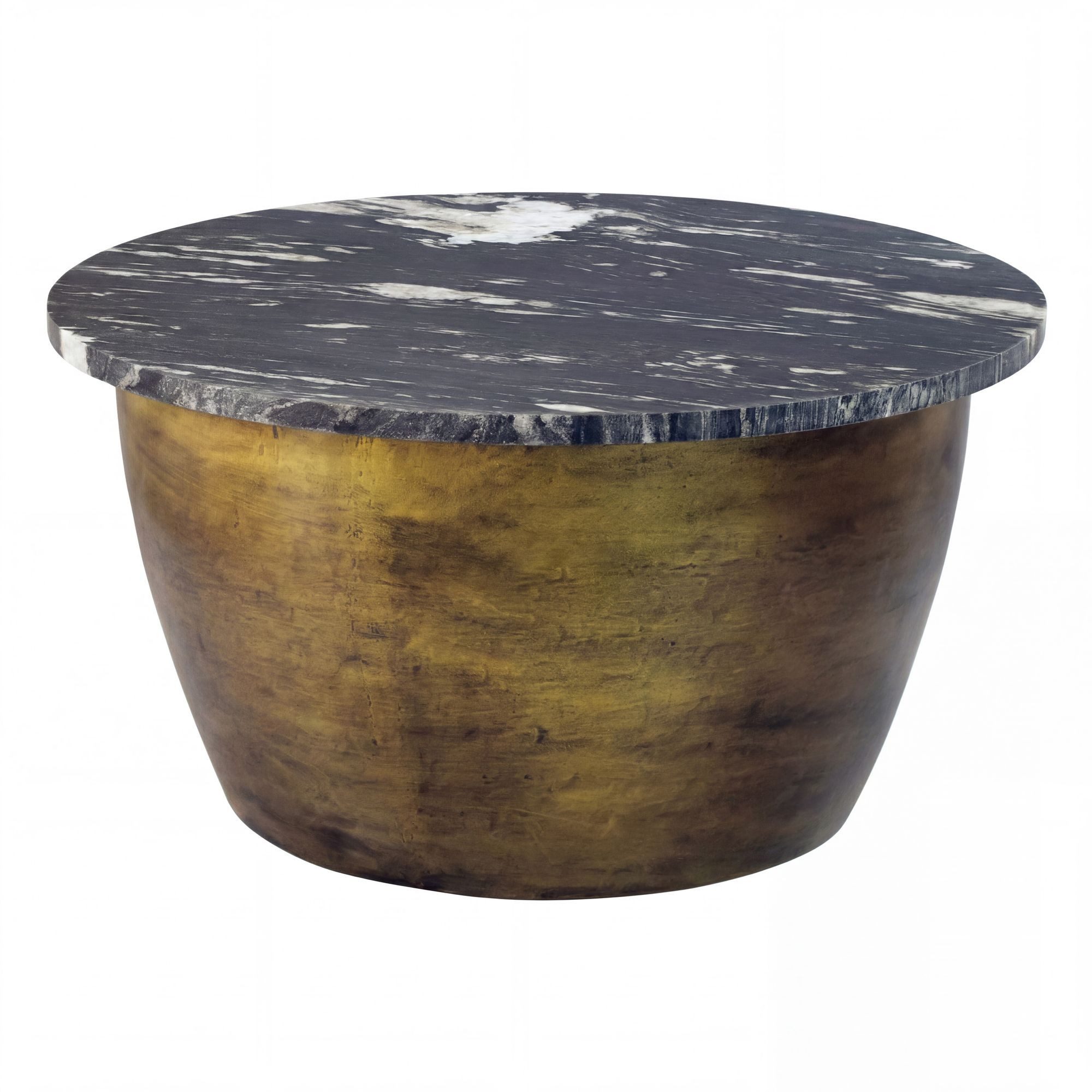 Wohnling Couchtisch WL7.374 Sofatisch Marmor Wohnzimmertisch 60cm rund Tisch Handmade (Extravaganter Tisch in moderner Trommelform), Schwarze Marmorplatte auf massivem Eisen