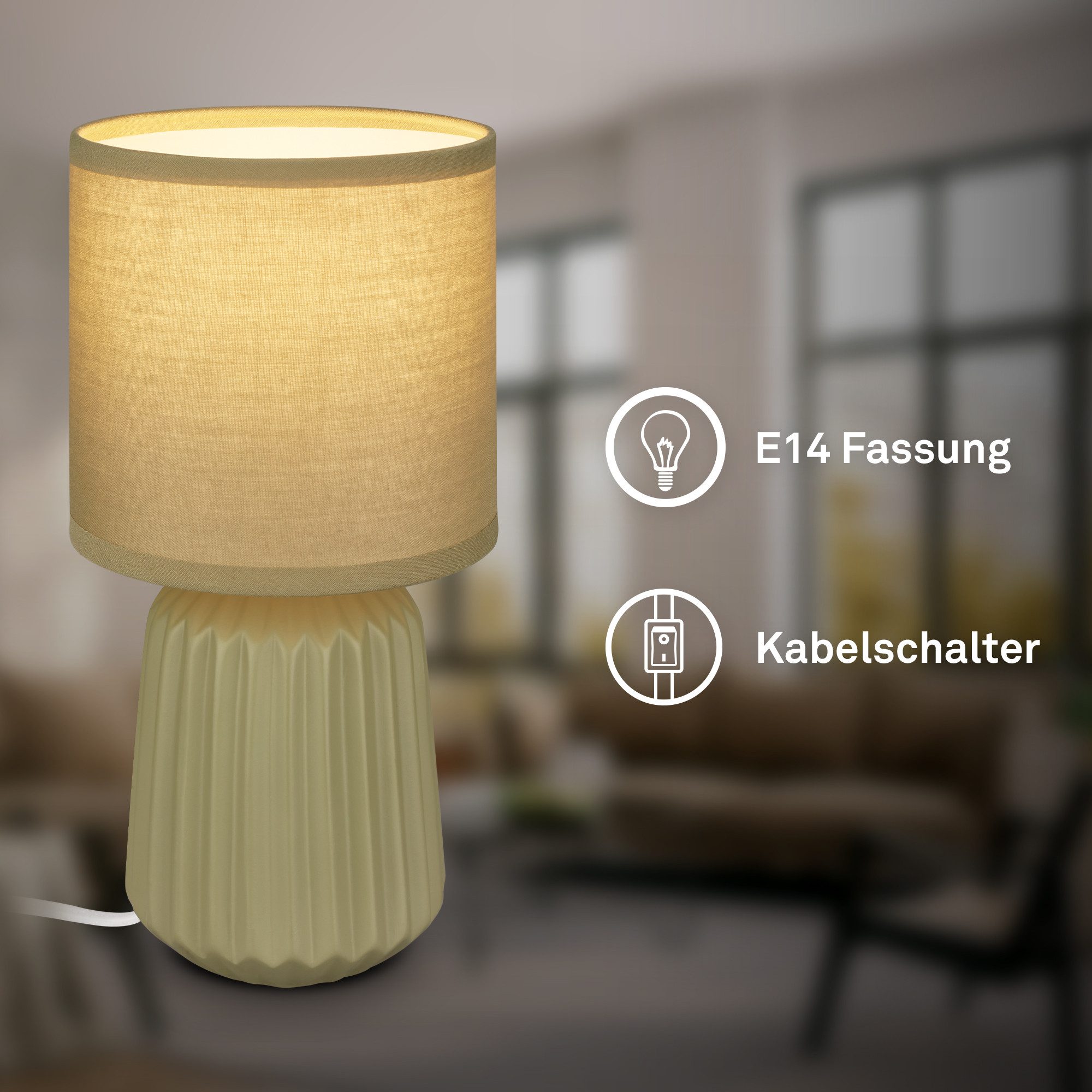 Briloner Leuchten LED Tischleuchte Tischlampe Keramik E14 Stoffschirm Kabelschalter Kommodenlampe, ohne Leuchtmittel, Abhängig vom Leuchtmittel, 13x27 cm, Schlafzimmer, Wohnzimmer, Flur