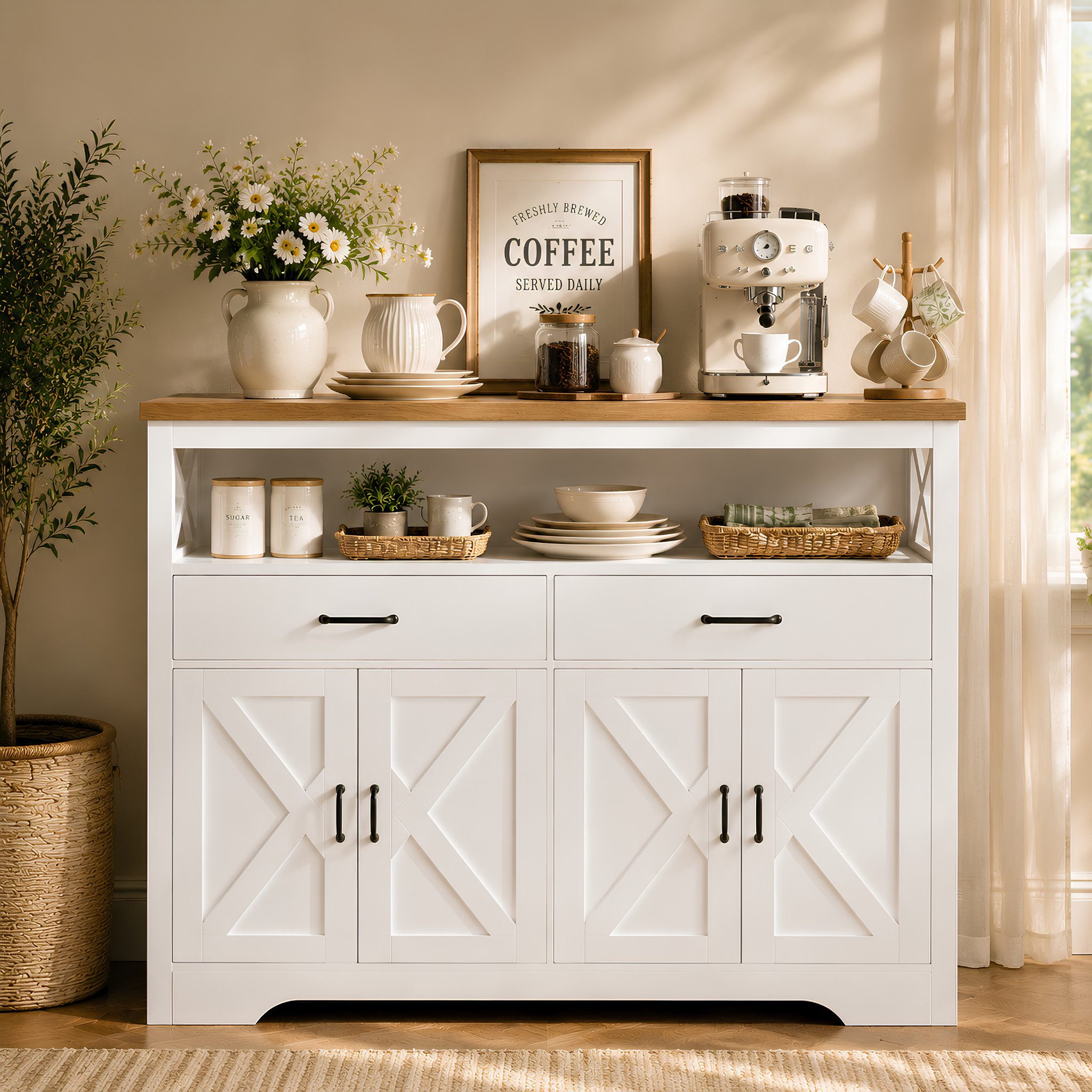 Simurq Sideboard Buffetschrank 140 cm mit 4 Türen, 2 Schubladen im Landhausstil (Einzelartikel, 1-teilig), Höhenverstellbare Einlegeböden und offener Ablagebereich