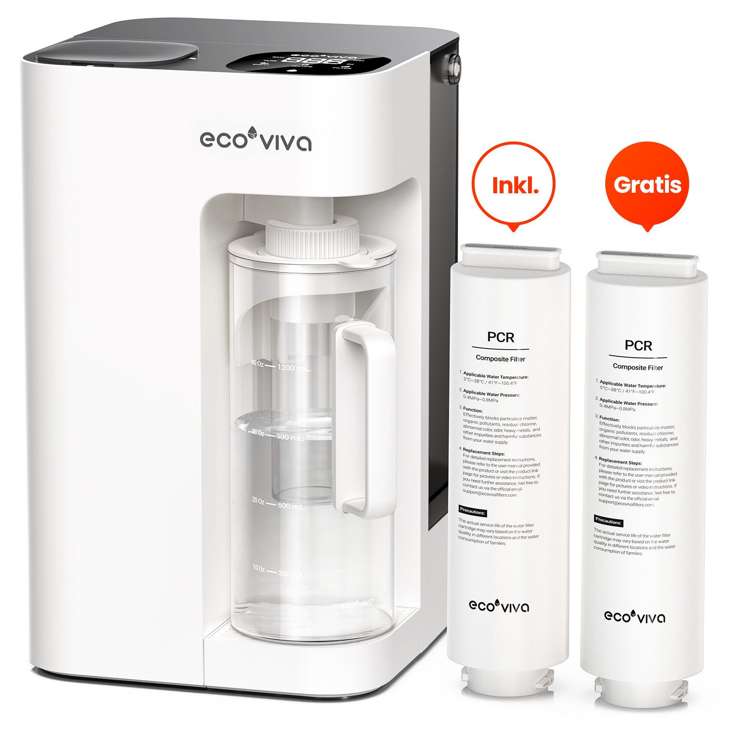 Ecoviva Фільтри для води MATE3 Auftisch Osmoseanlage Trinkwasser mit Wasserkocher, 8-stufige Filtration, Echtzeit-TDS-Monitor, 3:1 Rein zu Abfluss