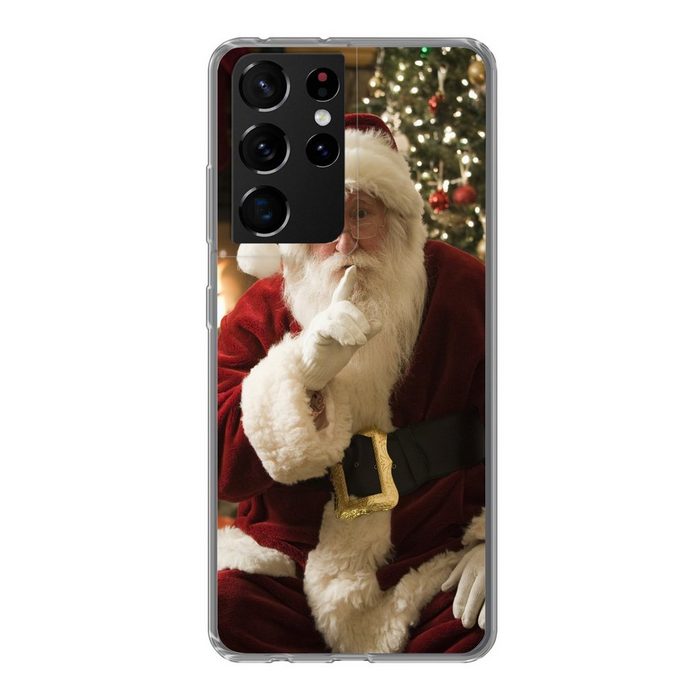 MuchoWow Handyhülle Der Weihnachtsmann mit einem bunten Weihnachtsbaum im Hintergrund Phone Case Handyhülle Samsung Galaxy S21 Ultra Silikon Schutzhülle