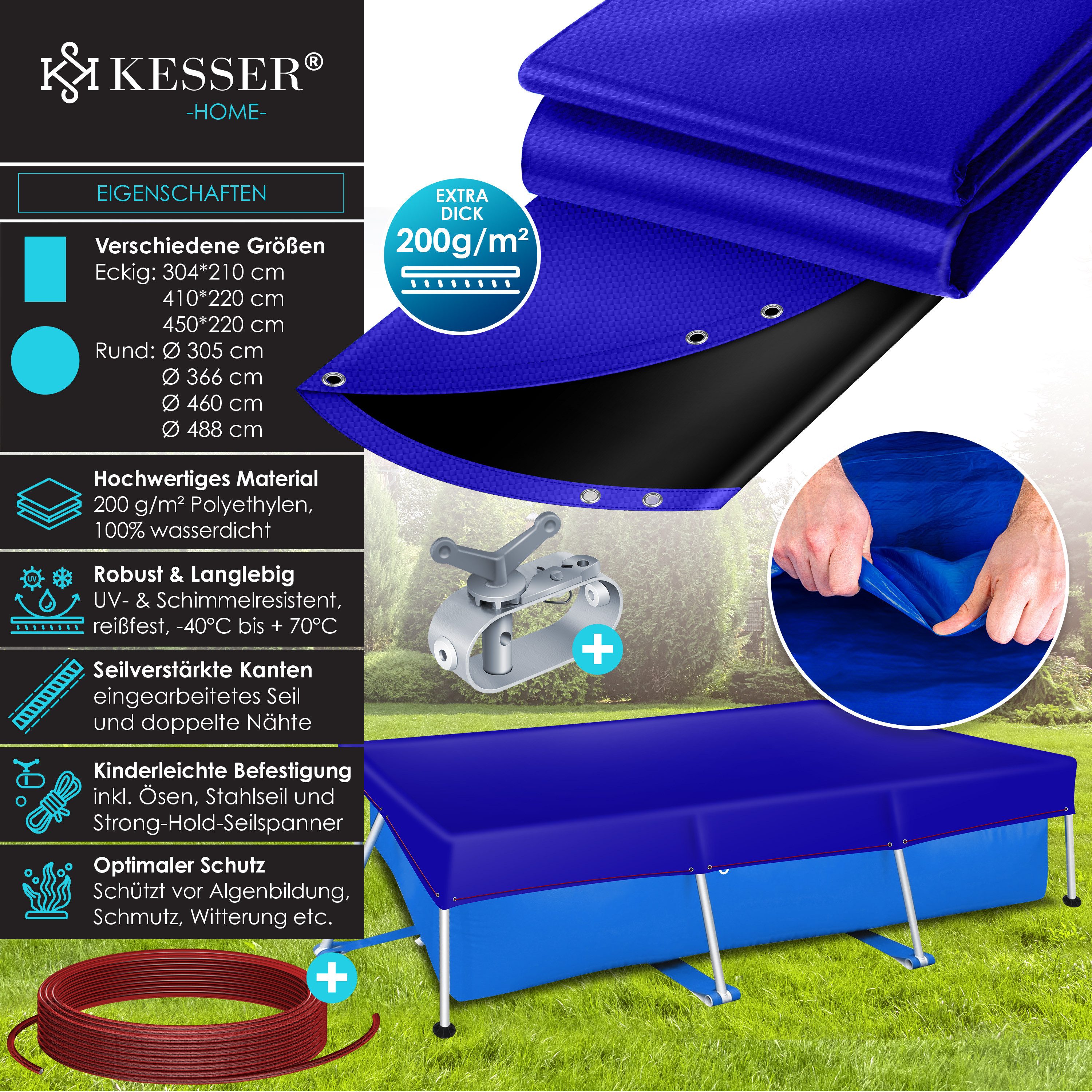 KESSER Solarabdeckplane Solar Poolabdeckung inkl. Stahlseil & Seilspanner mit Ösen, 200g/m² PE Material, UV-resistent & Wetterfest für Sommer & Winter