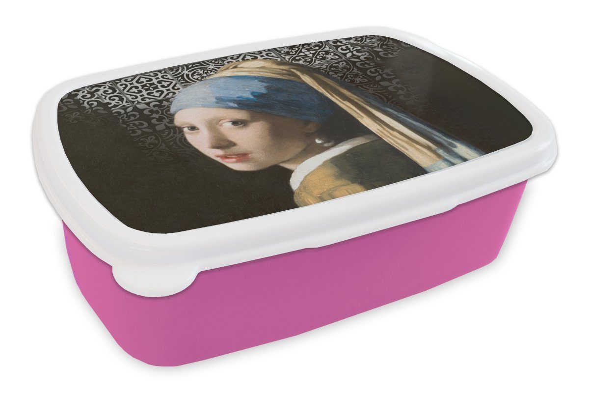 MuchoWow Lunchbox Mädchen mit Perlenohrring - Schwarz und Weiß, Kunststoff, (2-tlg), Brotbox für Erwachsene, Brotdose Kinder, Snackbox, Mädchen, Kunststoff rosa