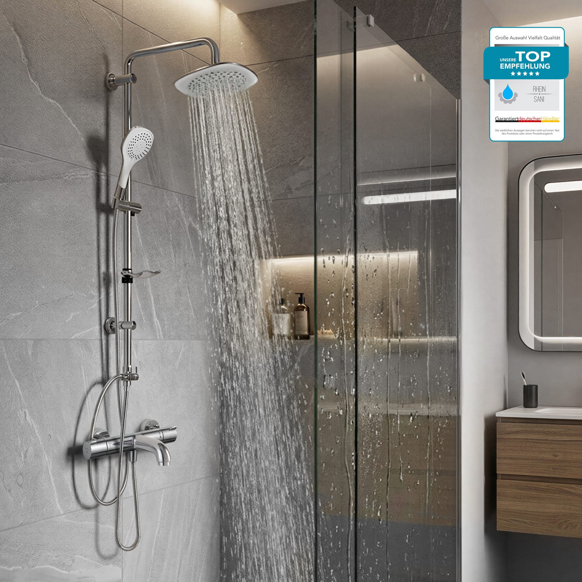 hansgrohe Wannenarmatur Ecostat 1001 CL Wannenthermostat Set mit Aloni Handbrause Regendusche (Spar-Set) Wannenthermostat mit Eco-Funktion in Modern-Design, Wandmontage, chrom