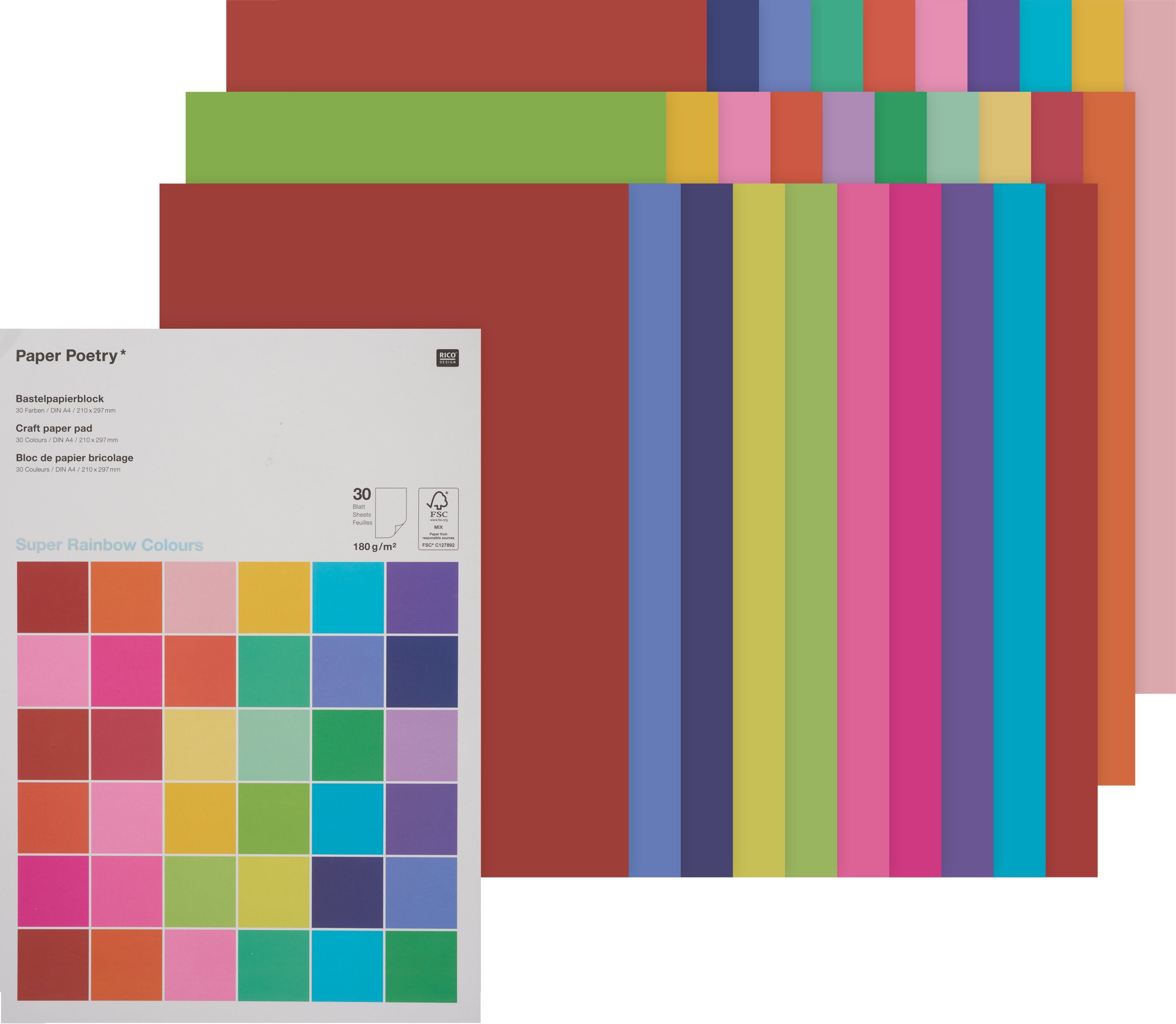 Rico Design Papierkarton Blatt A4, DIN Rainbow Colours, 30