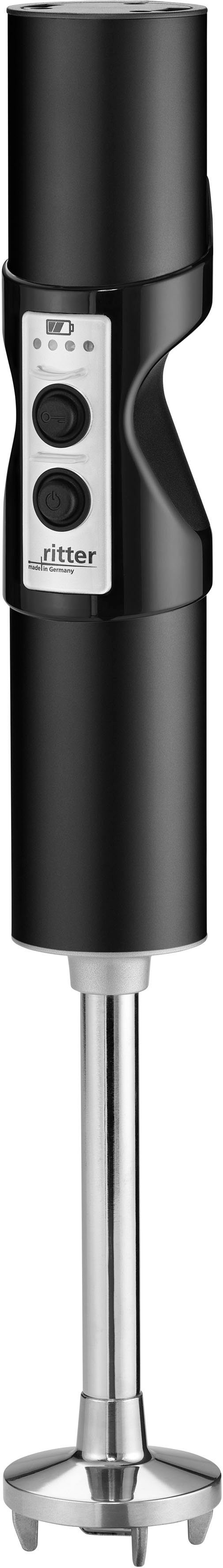 ritter Akku-Stabmixer stilo 7 Plus Trendfarbe Schwarz, 120 W, mit 4 Aufsätzen aus Edelstahl sowie 2 Mixbechern | Stabmixer