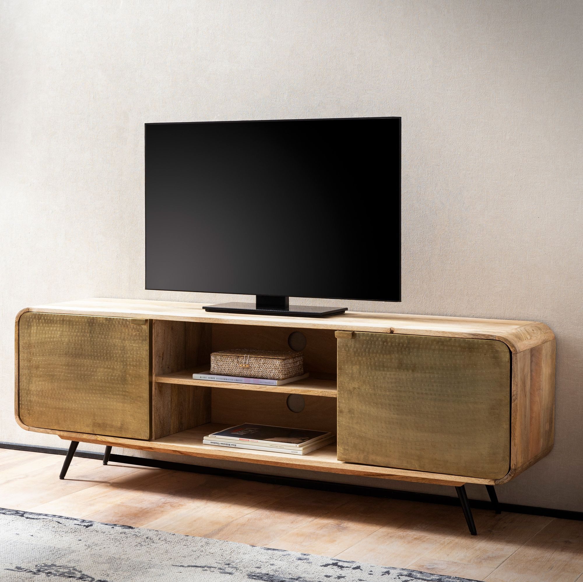 FINEBUY Lowboard FB103440 Massivholz TV-Board 160cm Kommode Mango mit Hammerschlag (Mango Massivholz, 160x55x41 cm, zwei Türen), TV-Schrank Modern Fernsehtisch, TV-Kommode Hoch