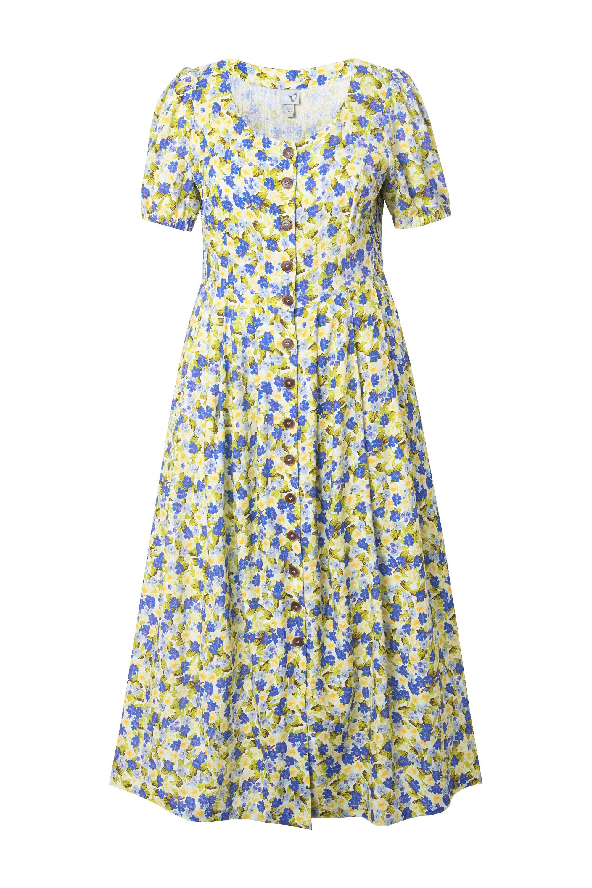 Ulla Popken Dirndl Leinenmix-Maxikleid Rundhals Halbarm günstig online kaufen