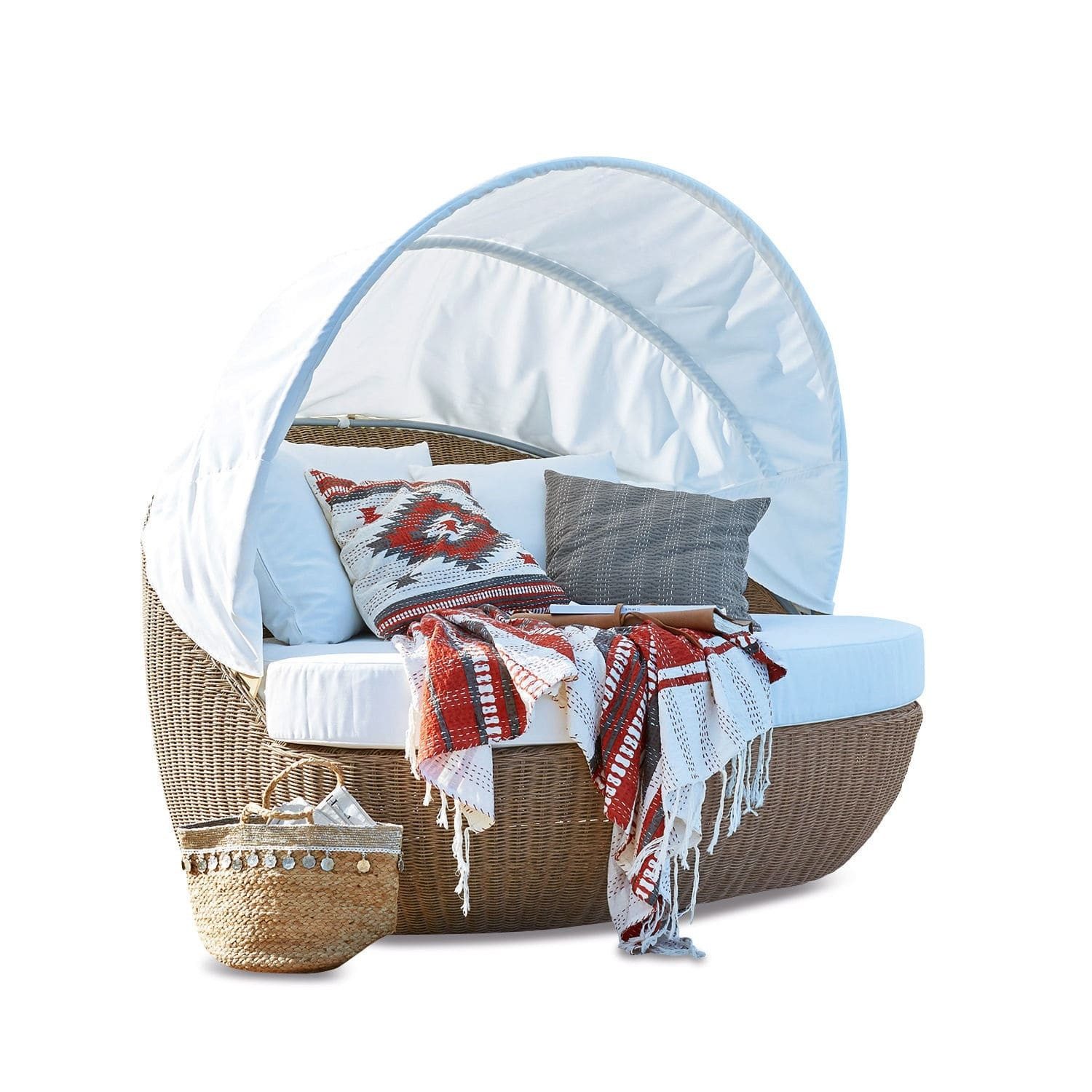 Mirabeau Doppelliege Sonneninsel Set Luxor aus Rattan-Flecht mit Sonnenschirm braun/weiß, handgefertigt, elegantes Geflecht, inkl. Sitz- & Zierkissen, Gartenlounge für 2 Personen, mit Faltdach, B 151cm, H 140cm, T 134cm