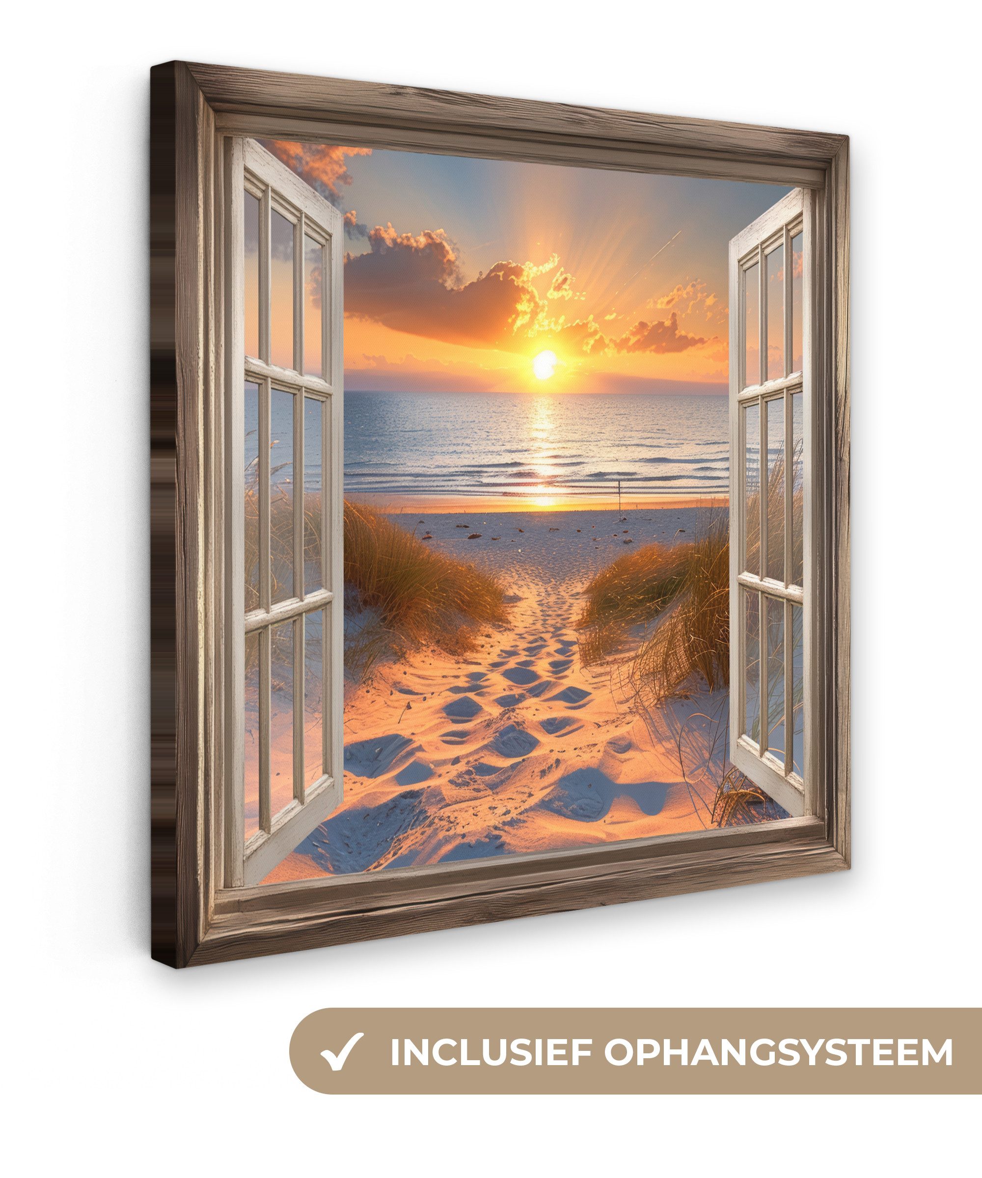 OneMillionCanvasses® Leinwandbild Durchblick - Strand - Dünen - Sonnenuntergang, Fotodruck (1 St), Wandbild, Deko Schlafzimmer Wohnzimmer Flur 20x20 cm