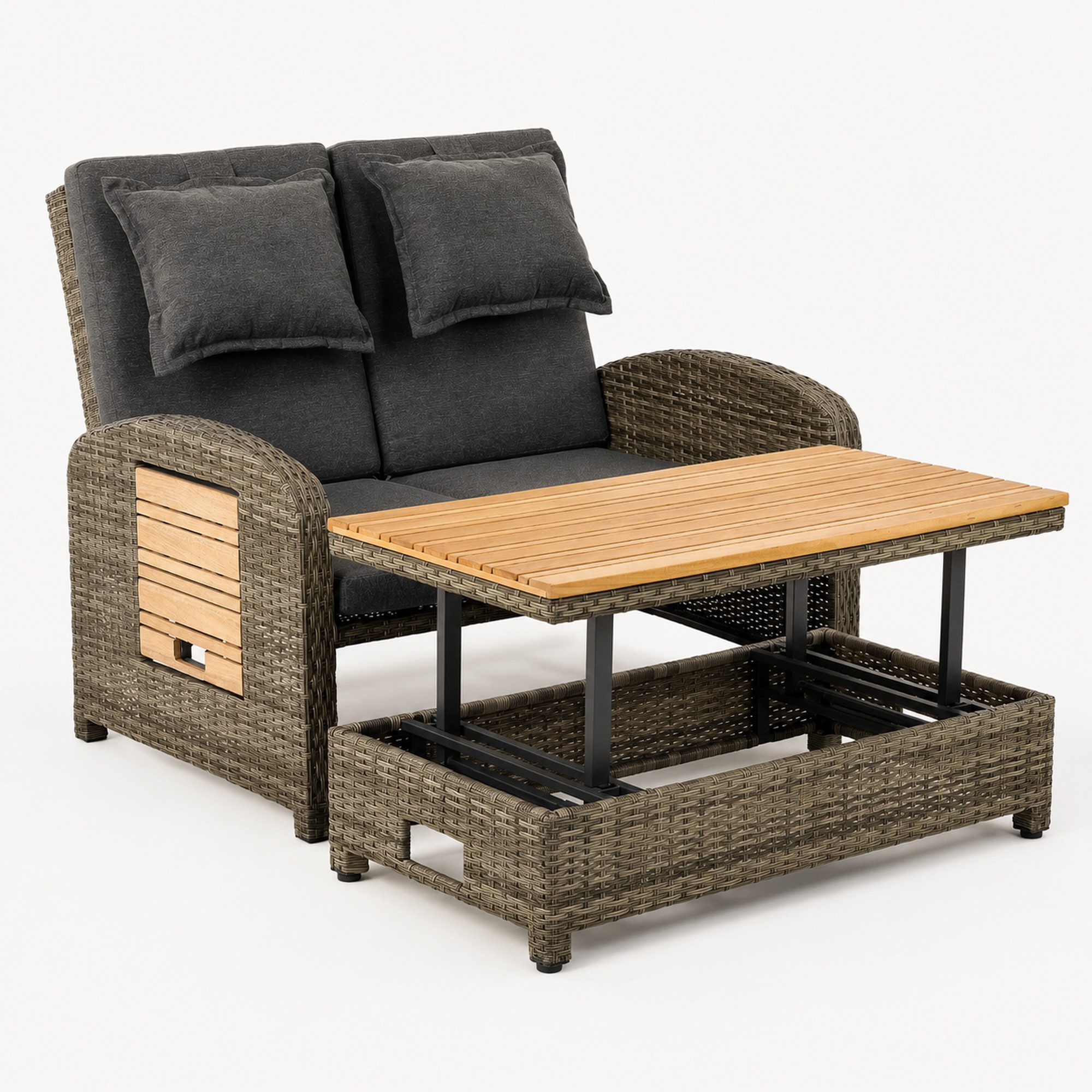 Greemotion Gartenlounge-Set Bahia Tobago 2-Sitzer Rattan grau Gartensofa mit Liegefunktion, inkl. höhenverstellbarem Tisch