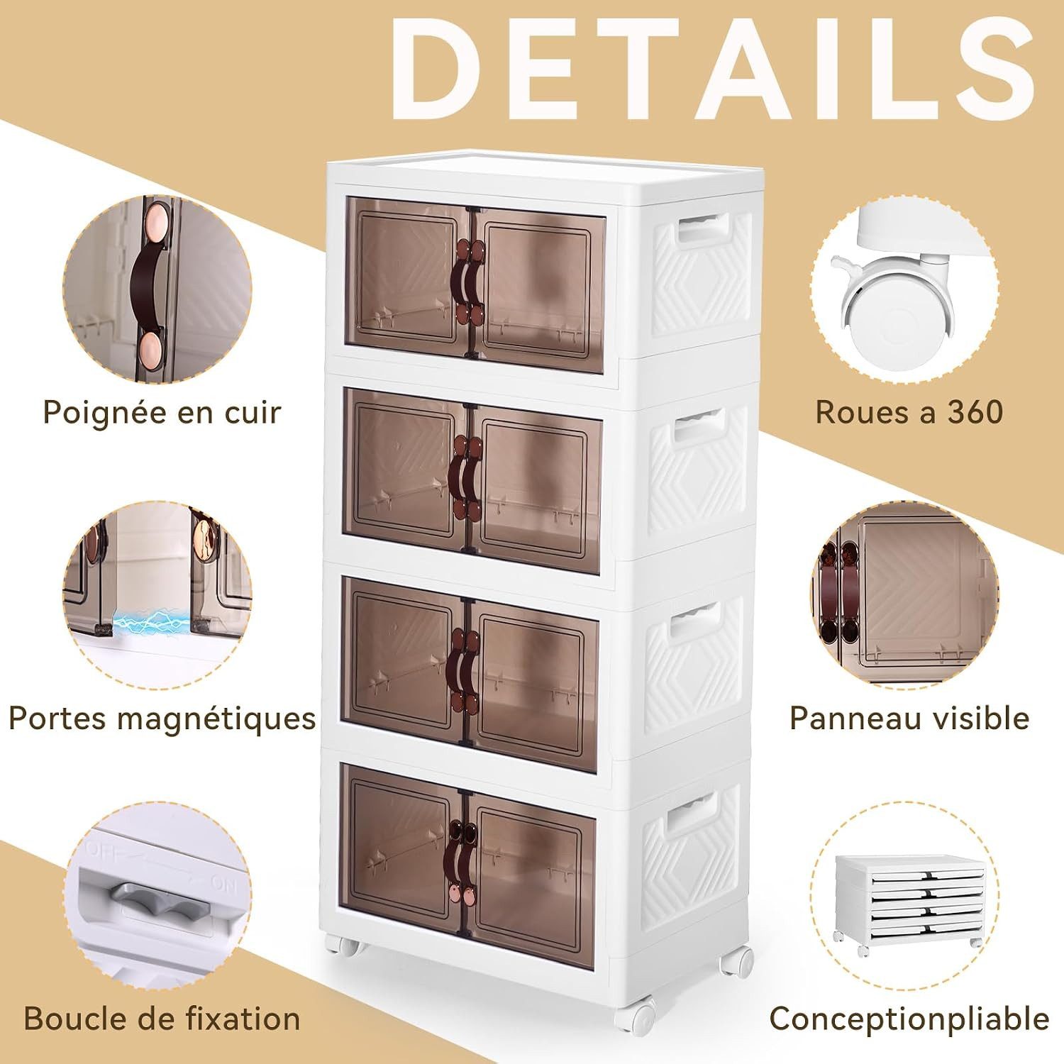 BlingBin Aufbewahrungsbox Faltbare Aufbewahrungsboxen 4er Set mit Deckeln, Türen und Rollen (4er Set, 4 St., 50 × 30 × 112.5 cm), platzsparender Organizer für Wohnzimmer, Küche und Schlafzimmer