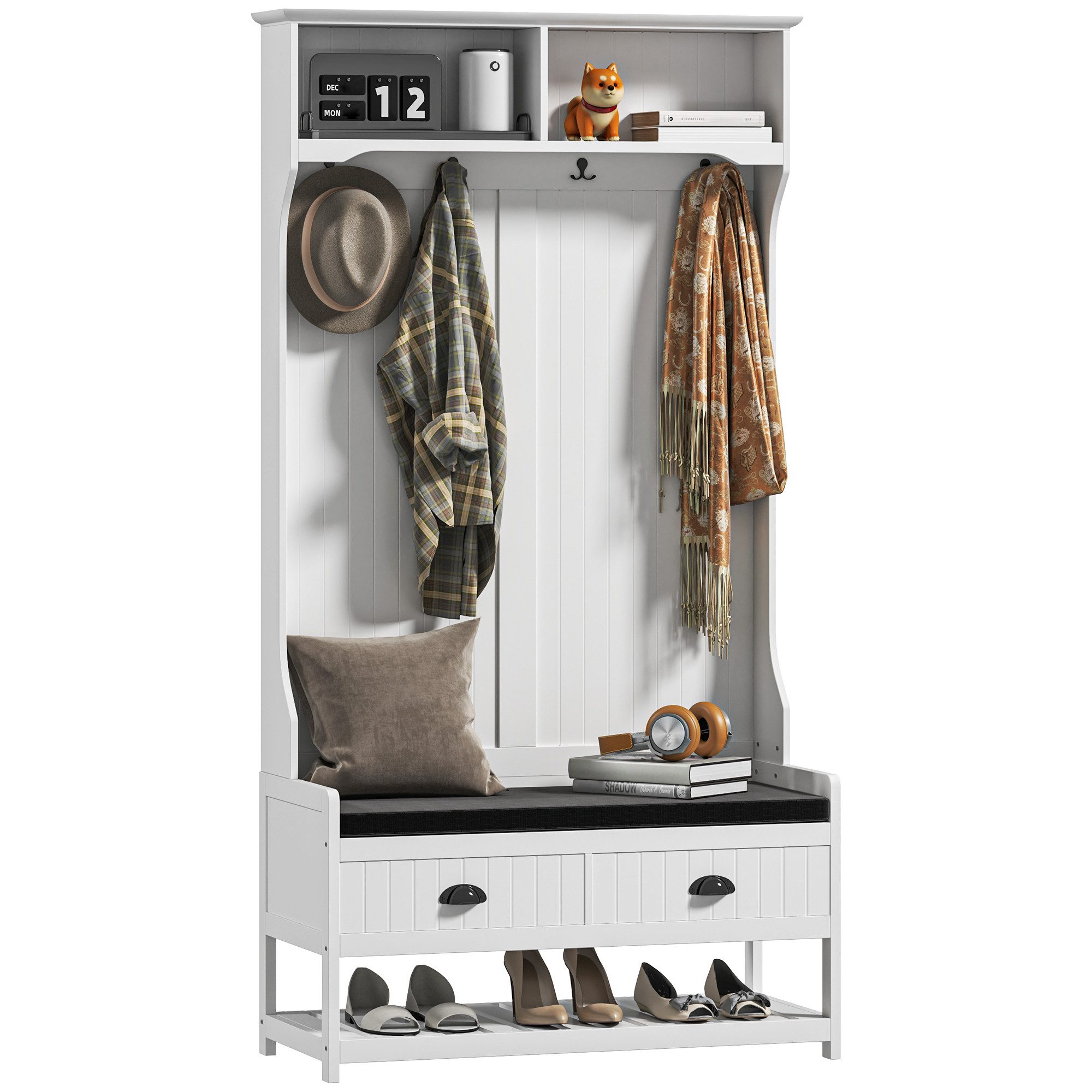 HOMCOM Garderobenständer 2-in-1, mit 4 Haken, Schuhbank und Ablagen, Kippschutz, (Kleidungsständer, 1 St., Garderobe), für Eingangsbereich, Flur, Schlafzimmer, Weiß+Grau