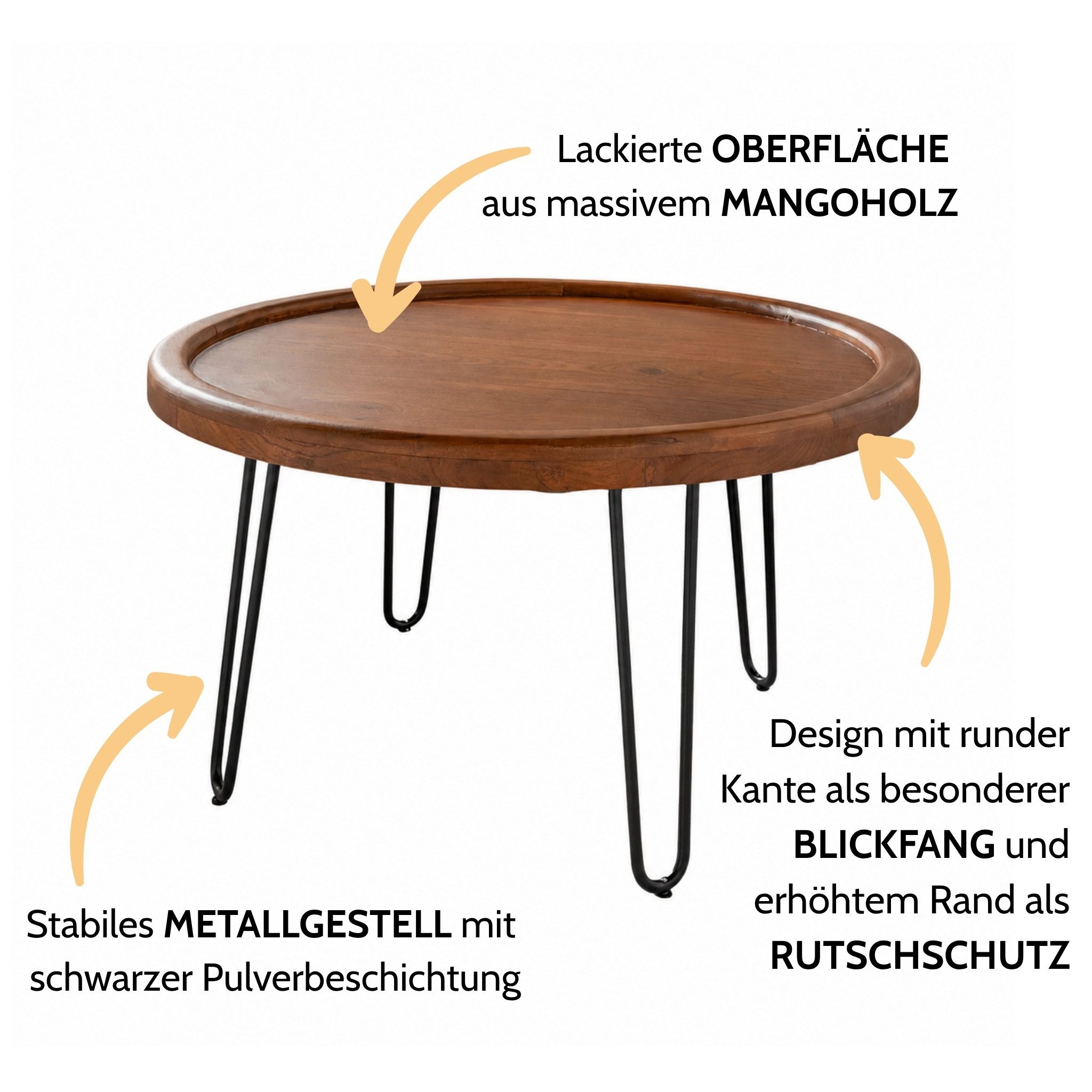 Liadomo Couchtisch Bettina, Beistelltisch, Wohnzimmertisch, Massivholztisch, Massivholz Akazie, Hairpin-Beine, mit Bodenausgleich, Ø 80 cm