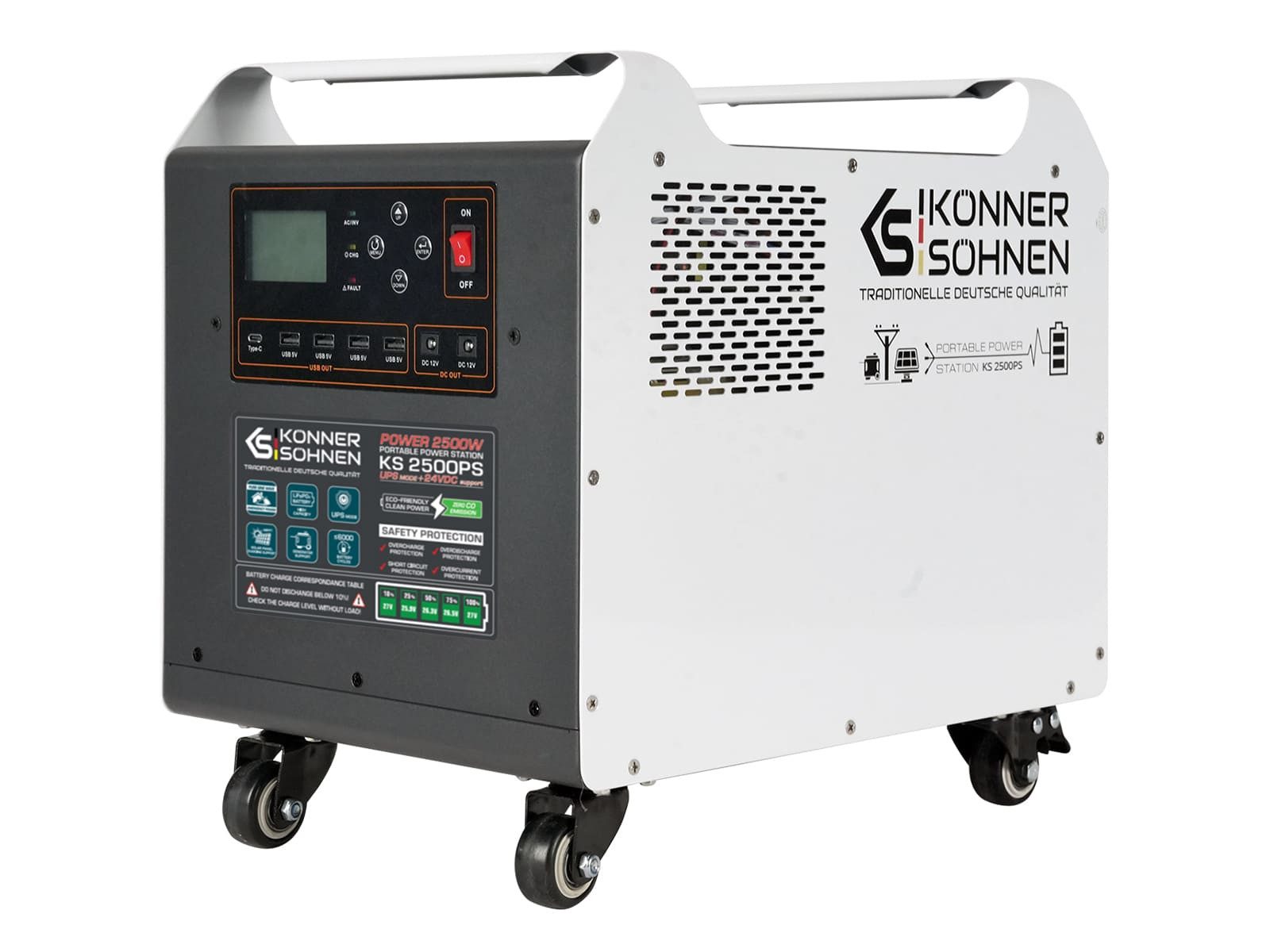 Könner & Söhnen Stromerzeuger KS 2500PS, (mit eingebauter LiFePO4-Akkubatterie, Nennleistung 2500 Watt, Akkukapazität 2560 Wh, 1-tlg), Wirkungsgrad 90%, maximaler Strom 60 A, LCD-Display, Schutzklasse IP20