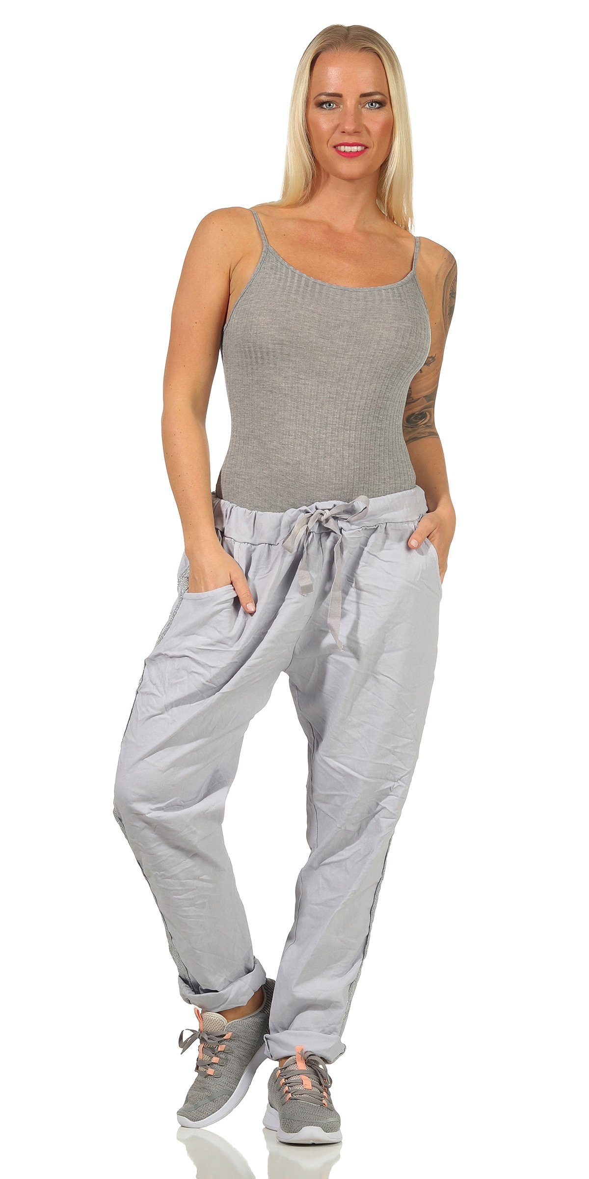 Mississhop Jogginghose Damen Hose Baumwollhose mit Seitlichen Silberstreifen M.348