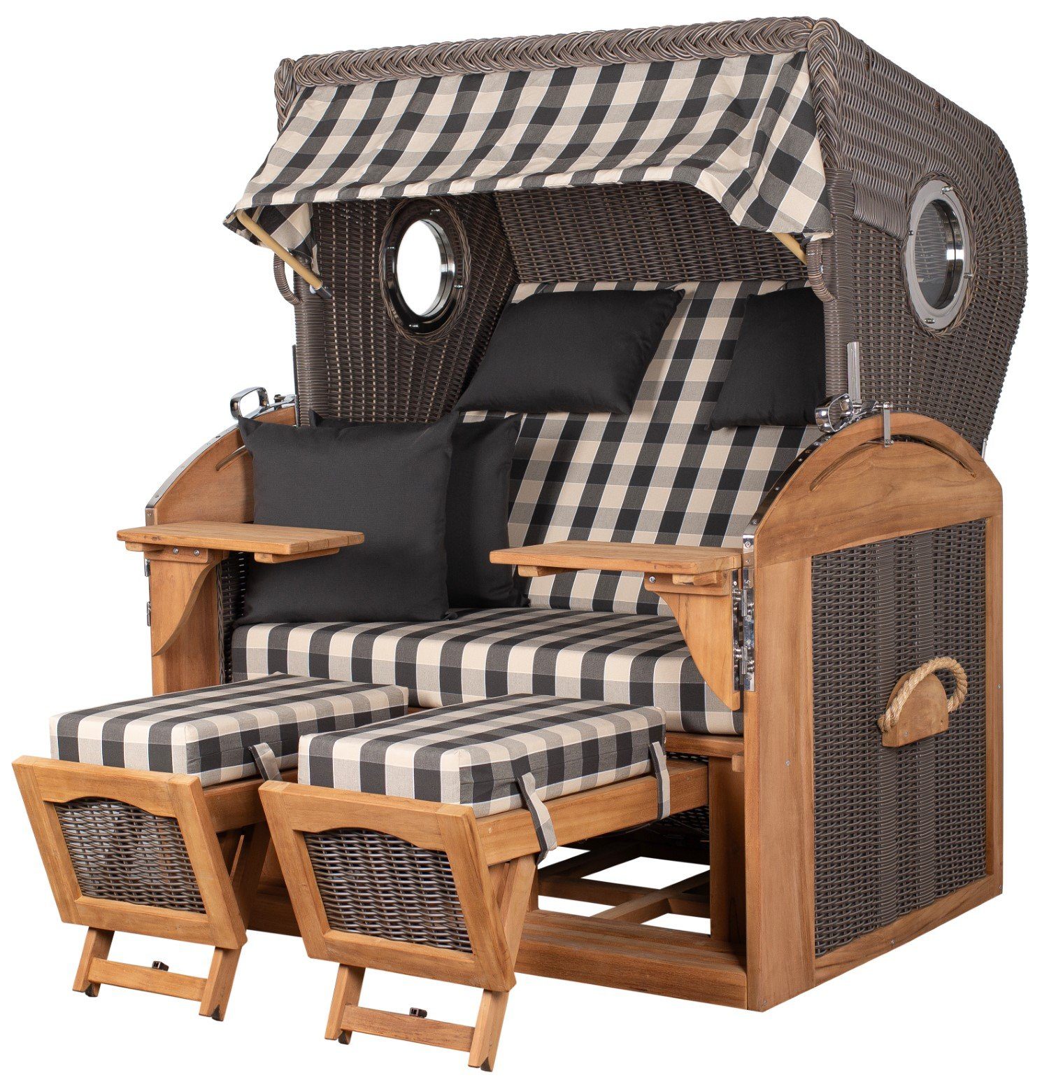 bene living Strandkorb Borkum XL Teak - PE grau - Modell 505, BxTxH: 142x95x170 cm, Volllieger ca. 180 Grad, Nordsee-Strandkorb Komplettset, inkl. Liftersystem und Bullaugen