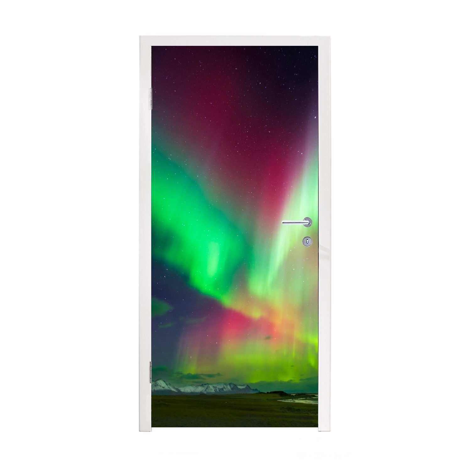 Grün, MuchoWow Rot cm (1 Türaufkleber, St), Island Tür, für 75x205 - bedruckt, - - Matt, Fototapete Nordlichter Türtapete