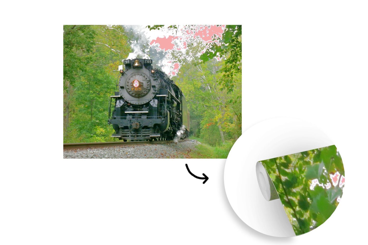 MuchoWow Fototapete Eine Dampflokomotive in Kinderzimmer, Matt, bedruckt, für Schlafzimmer, einer St), Vinyl (6 Wohnzimmer, Umgebung, Wallpaper grünen Tapete