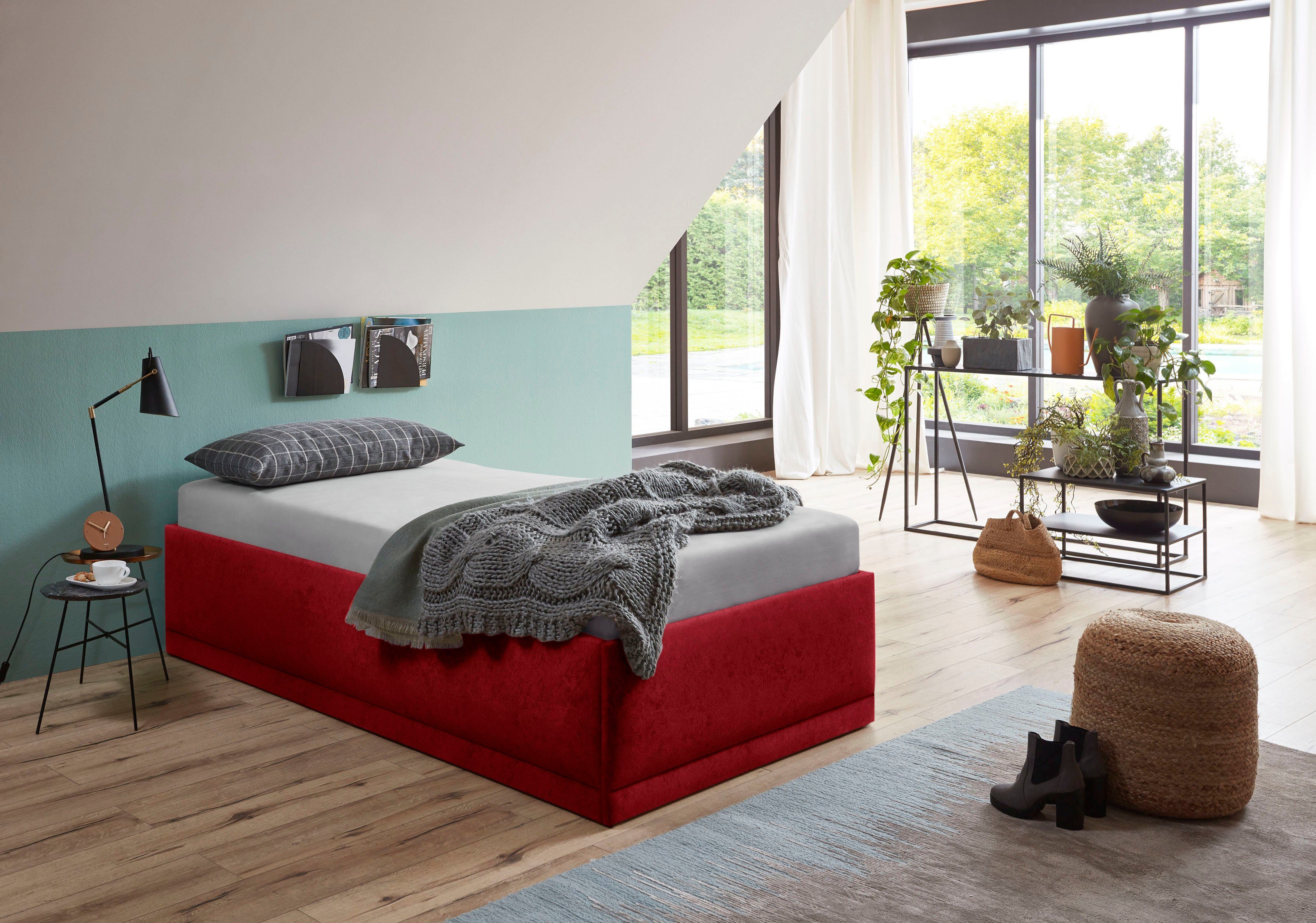 Westfalia Schlafkomfort Polsterbett bei Ausführung Zierkissen, Texel, Standardhöhe mit Bettkasten mit Matratze