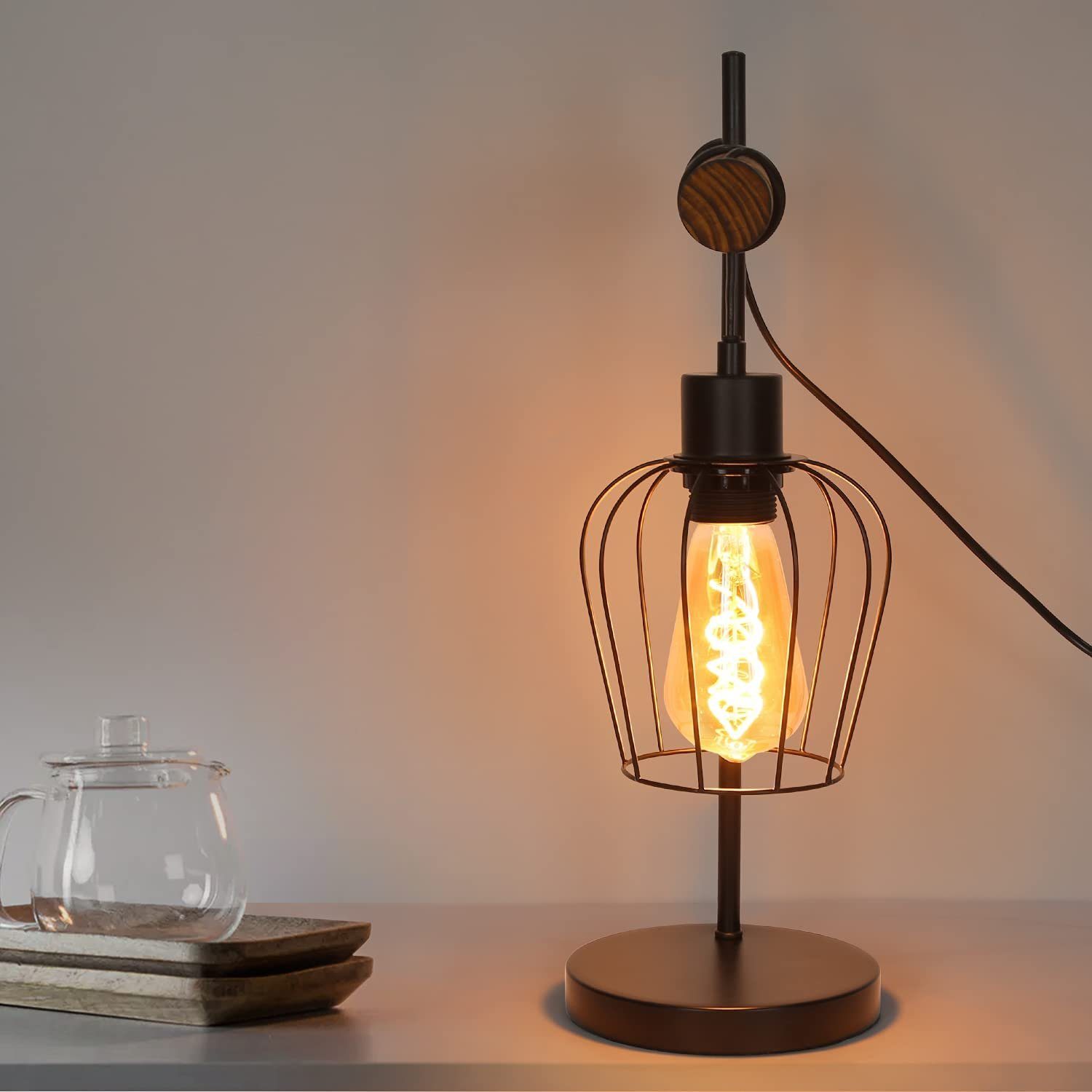 ZMH Tischleuchte Wohnzimmer Retro Schwarz-Holz Nachttischlampe günstig online kaufen