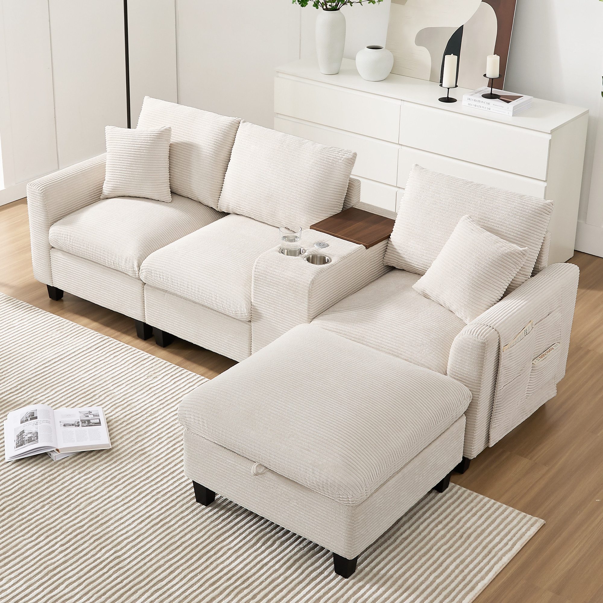 REDOM Ecksofa Modulares L-förmiges Sofa, Schlafsofa, Couch, Fußhocker mit Stauraum, USB-Anschlüsse, Getränkehalter