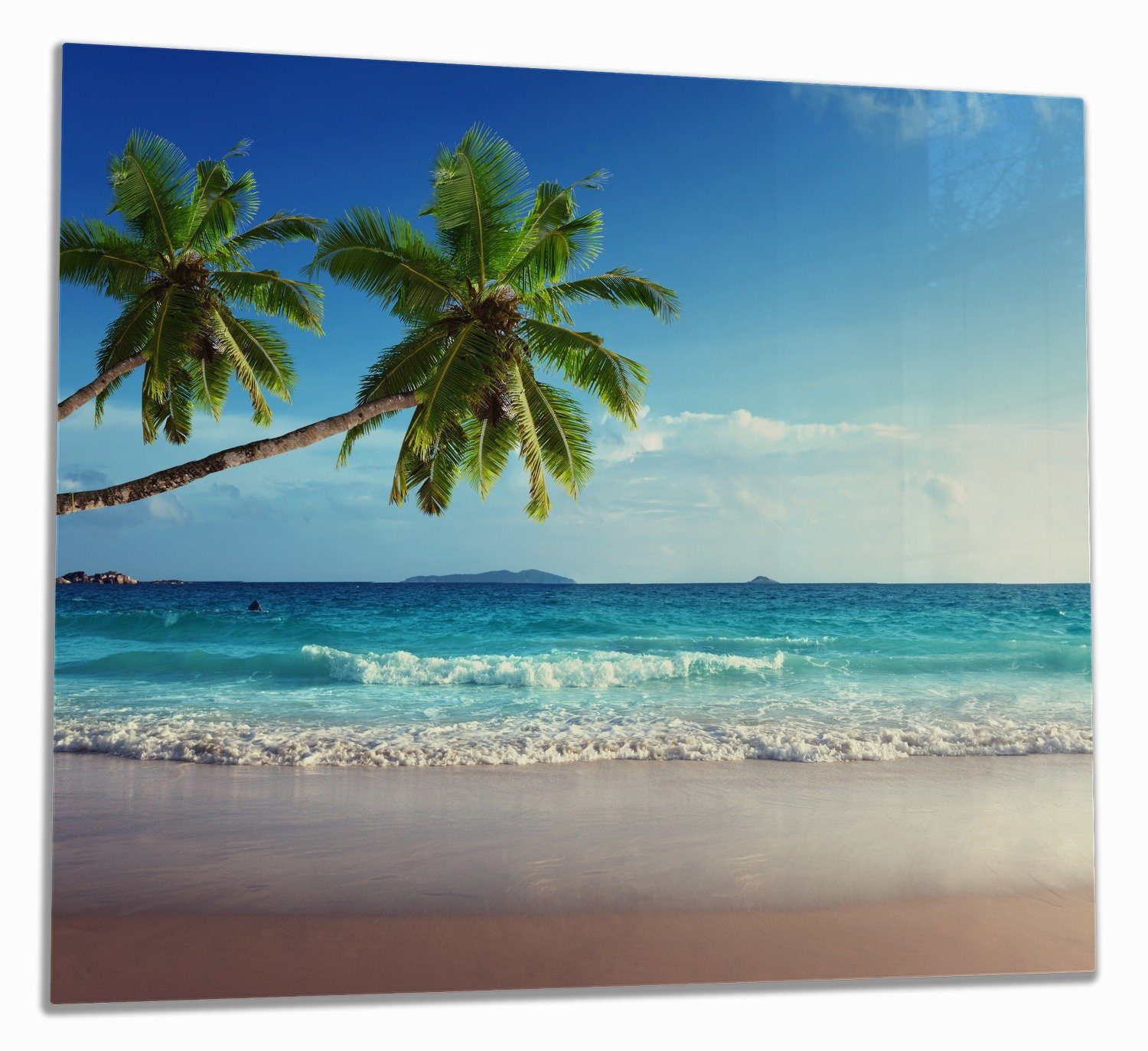 Wallario Herd-Abdeckplatte Sandstrand auf den Seychellen - Urlaub unter Palmen, ESG-Sicherheitsglas, (Glasplatte, 1 tlg., inkl. 5mm Noppen), verschiedene Größen