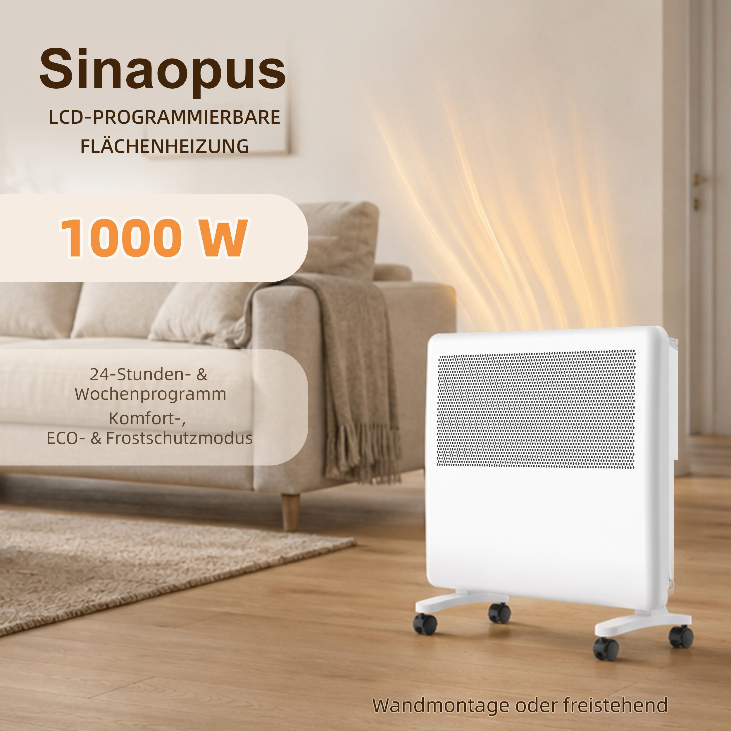 Sinaopus Konvektor EPC07B-10R, 1000 W, LCD, Wochentimer & Rollen, 1000 W, Mobiler Elektroheizer mit Rollen, Wandmontage und Frostschutz