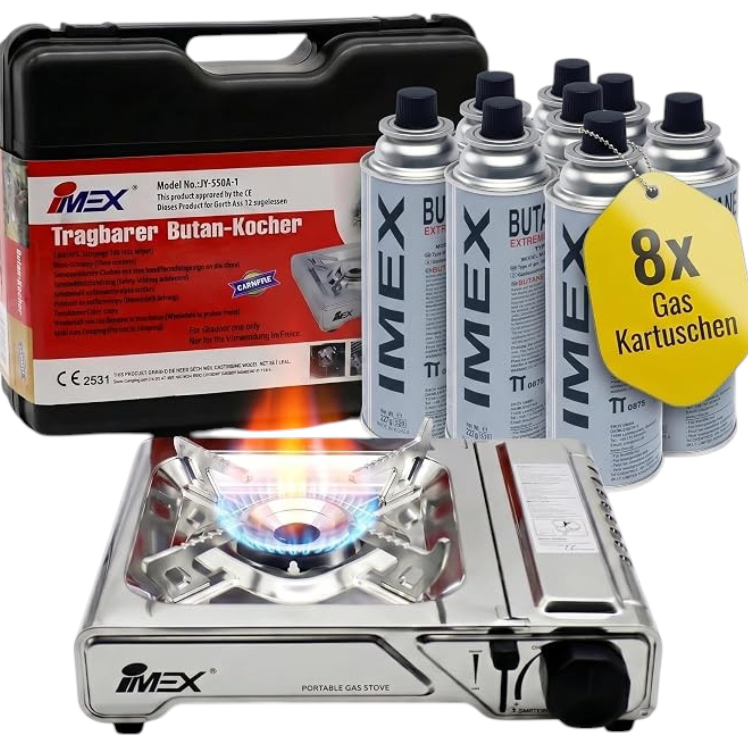 IMEX Gaskocher IMEX JY550A-1 Butan Gaskocher 2200 W mit Koffer + 8 Gaskartuschen