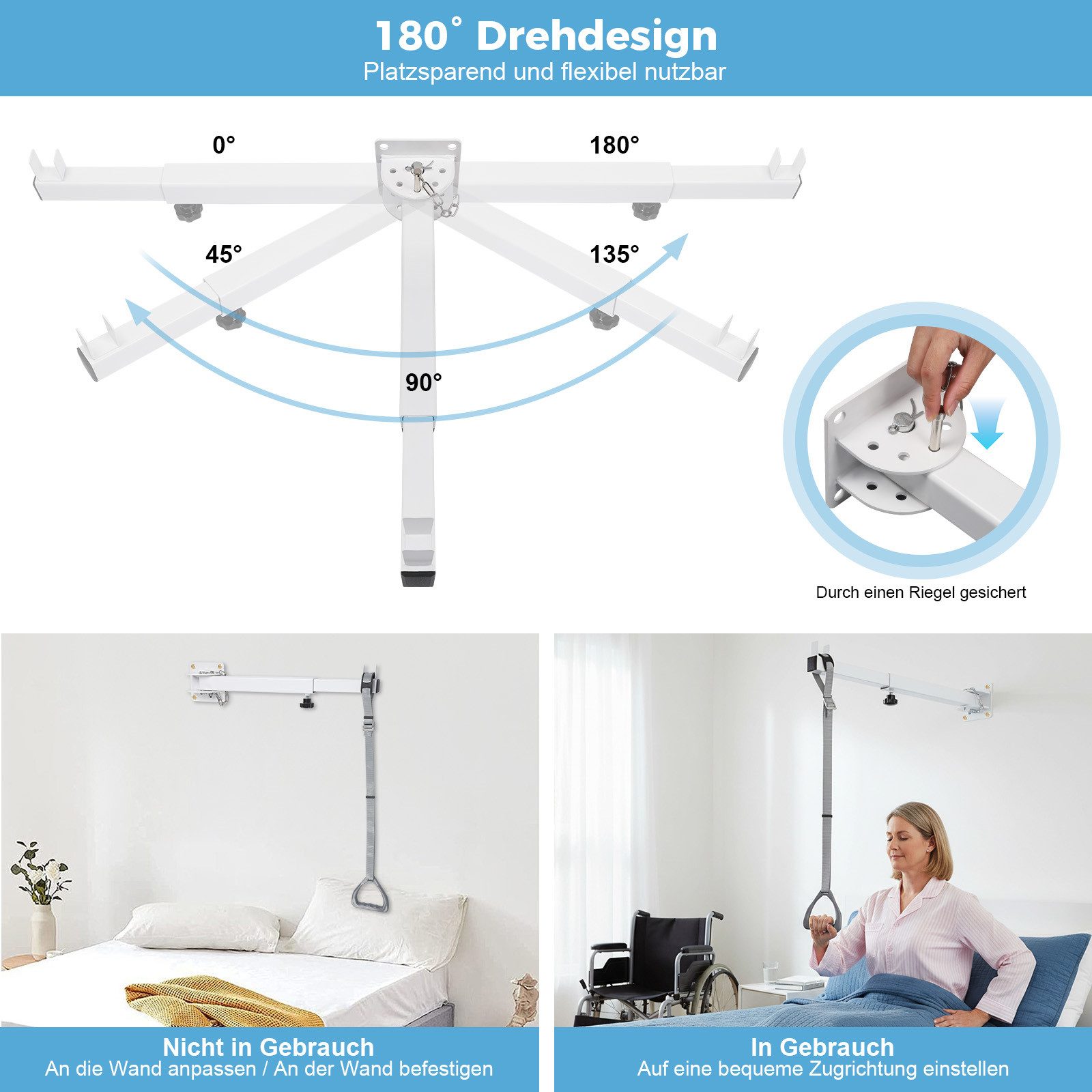 QUBEBU Bett - Aufstehhilfe Bett Bettgalgen Bettaufrichter Wandhängend Aufstehhilfe Einstellbar, belastbar bis 90 kg, für ältere & behinderte Menschen, Krankenhäuser, Pflegeheime