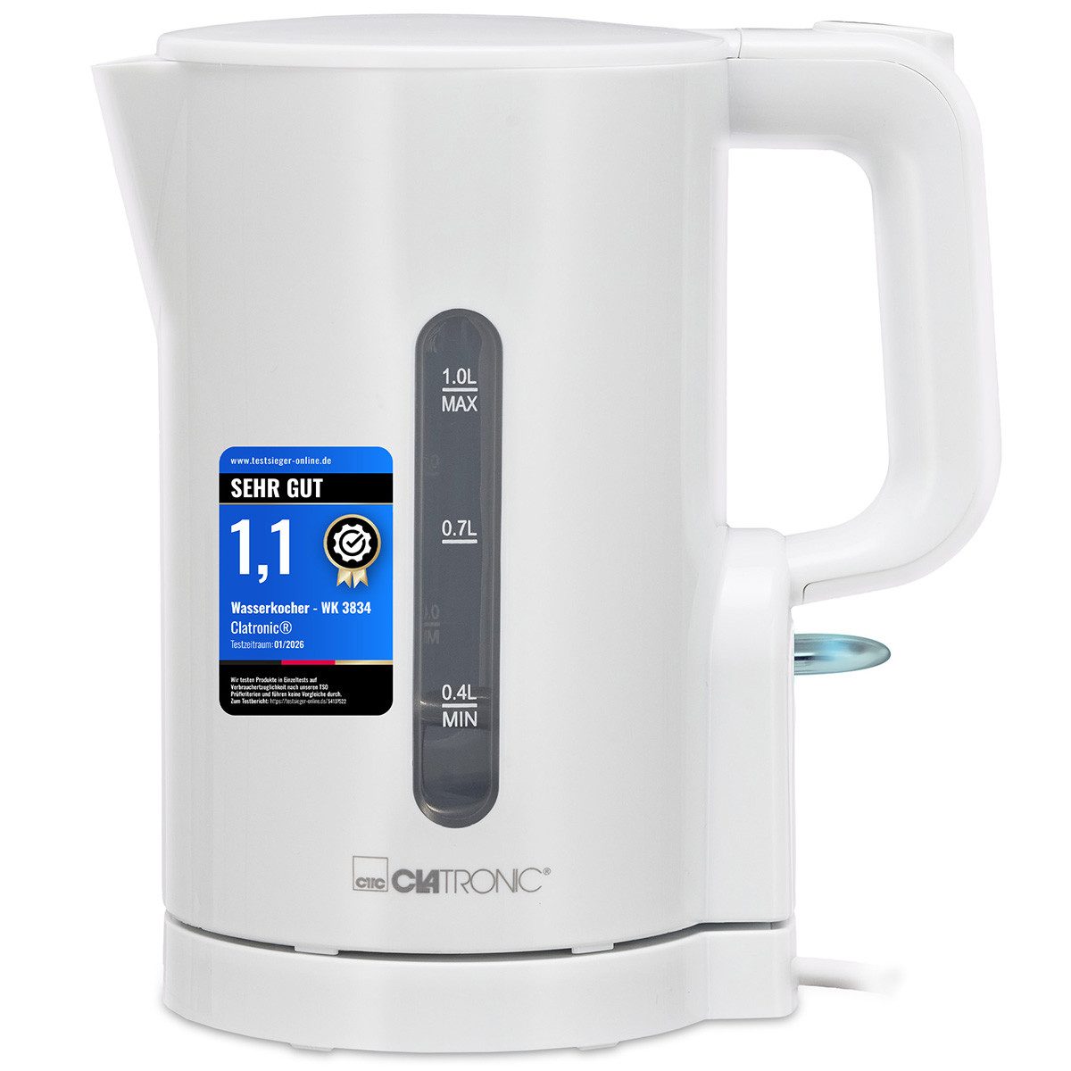 CLATRONIC Wasserkocher WK 3834, Wasserkocher 1L, 900W, Einhandbedienung