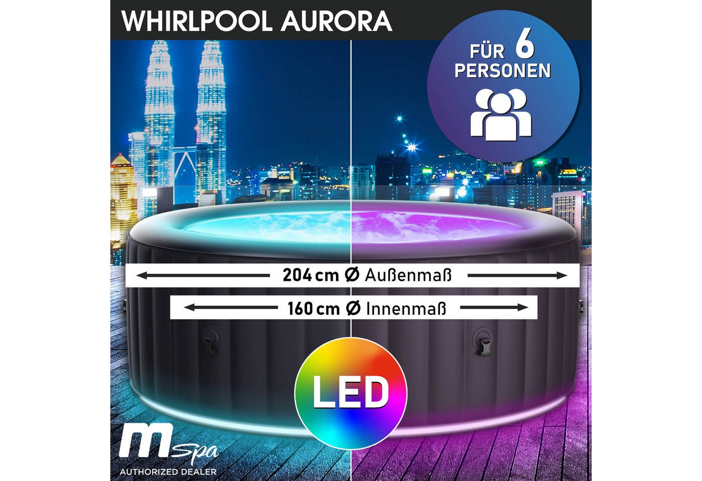 Thumbnail - BRAST Whirlpool aufblasbar MSpa Aurora mit LED-Beleuchtung für 6 Personen Ø204x70cm, (In- Outdoor Pool 138 Massagedüsen ...