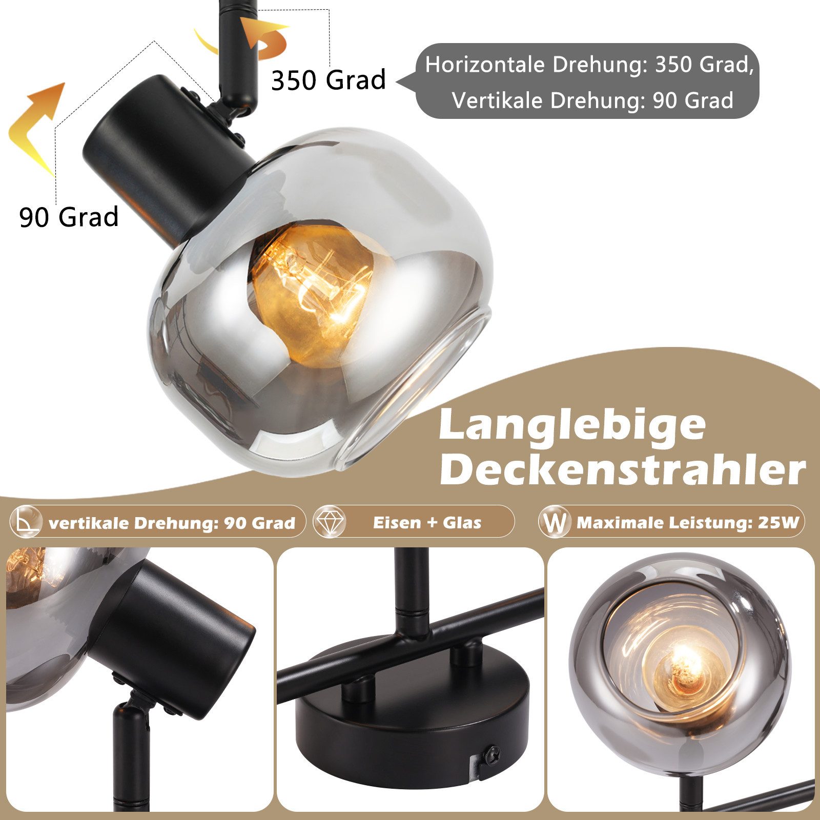 Nettlife Deckenstrahler Küchenlampe 2/3/4/6 Flammig Modern E14 Rauchglas Deckenleuchte, Schwenkbar, LED wechselbar, Wohnzimmerlampe für Schlafzimmer Flur Küche – Bild 5 von 5