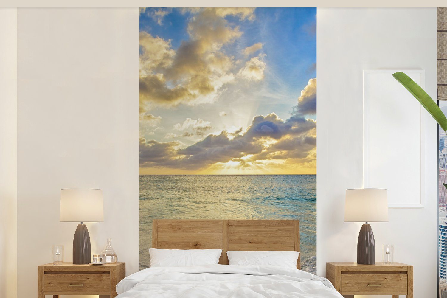 MuchoWow Fototapete Meer - Strand - Wolken - Sonne, Matt, bedruckt, (2 St), Vliestapete für Wohnzimmer Schlafzimmer Küche, Fototapete