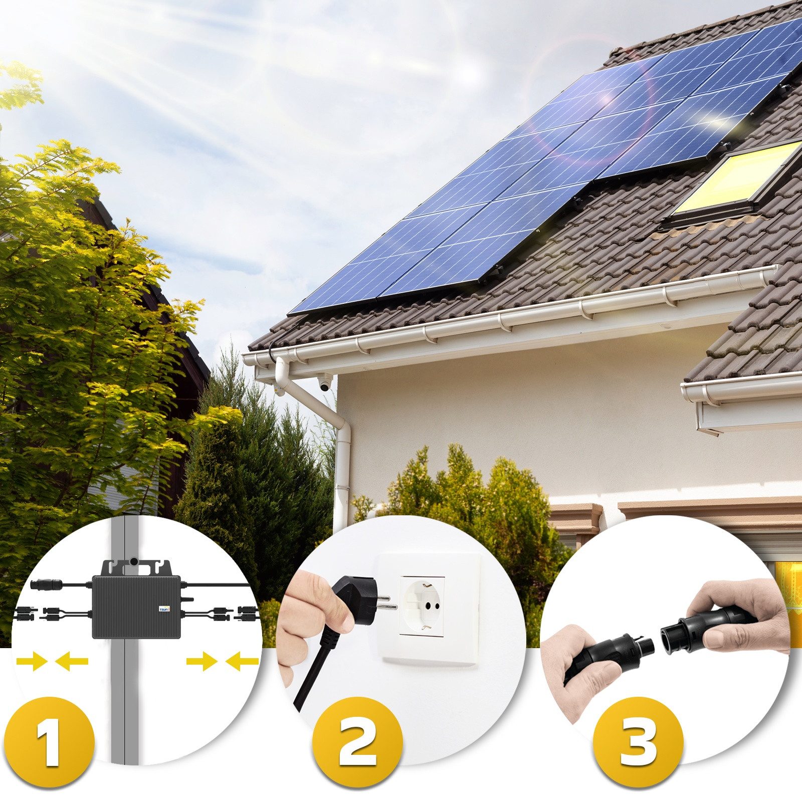 SUNNIVA Balkonkraftwerk 920W BIFAZIAL FULLBLACK komplett Steckdose, (TSUN 800W Wechselrichter, PV Solaranlage, 2x 460W Glas-Glas Solarmodule, inkl. 5m Kabel, Bluetooth WIFI, Komplettset)