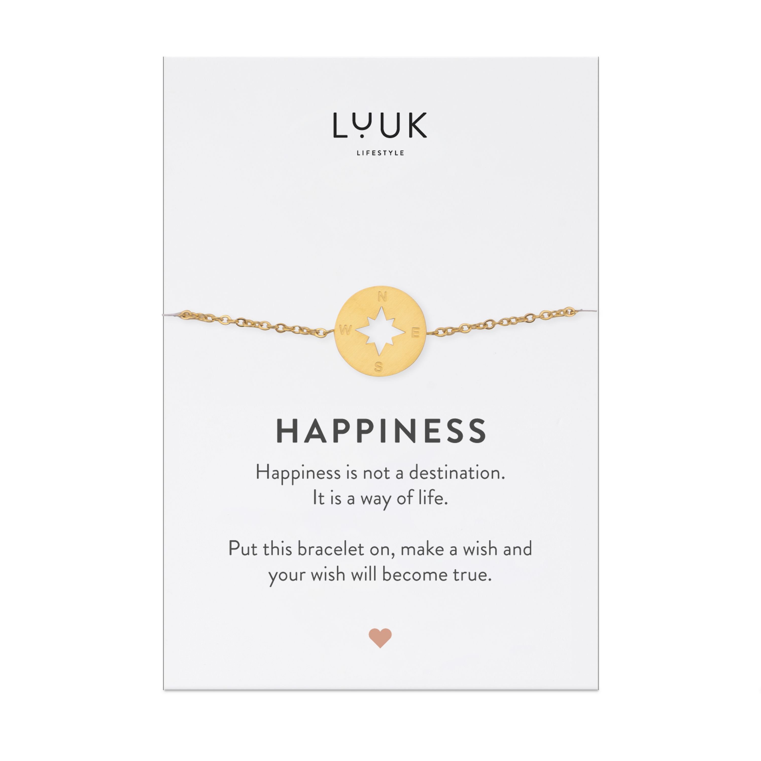 LUUK Gold Kompass, LIFESTYLE Spruchkarte mit Edelstahlarmband Happiness