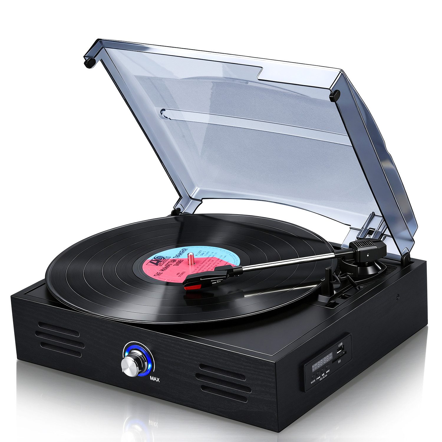 CkeyiN Pro Bluetooth Plattenspieler (Riemenantrieb, 3-Gang 33/45/78 RPM, 7/10/12-Zoll-Schallplatten, Eingebauten Lautsprechern, RCA Line Out/AUX in, Vintage Schallplatten Spieler,Geeignet für Musikliebhaber)