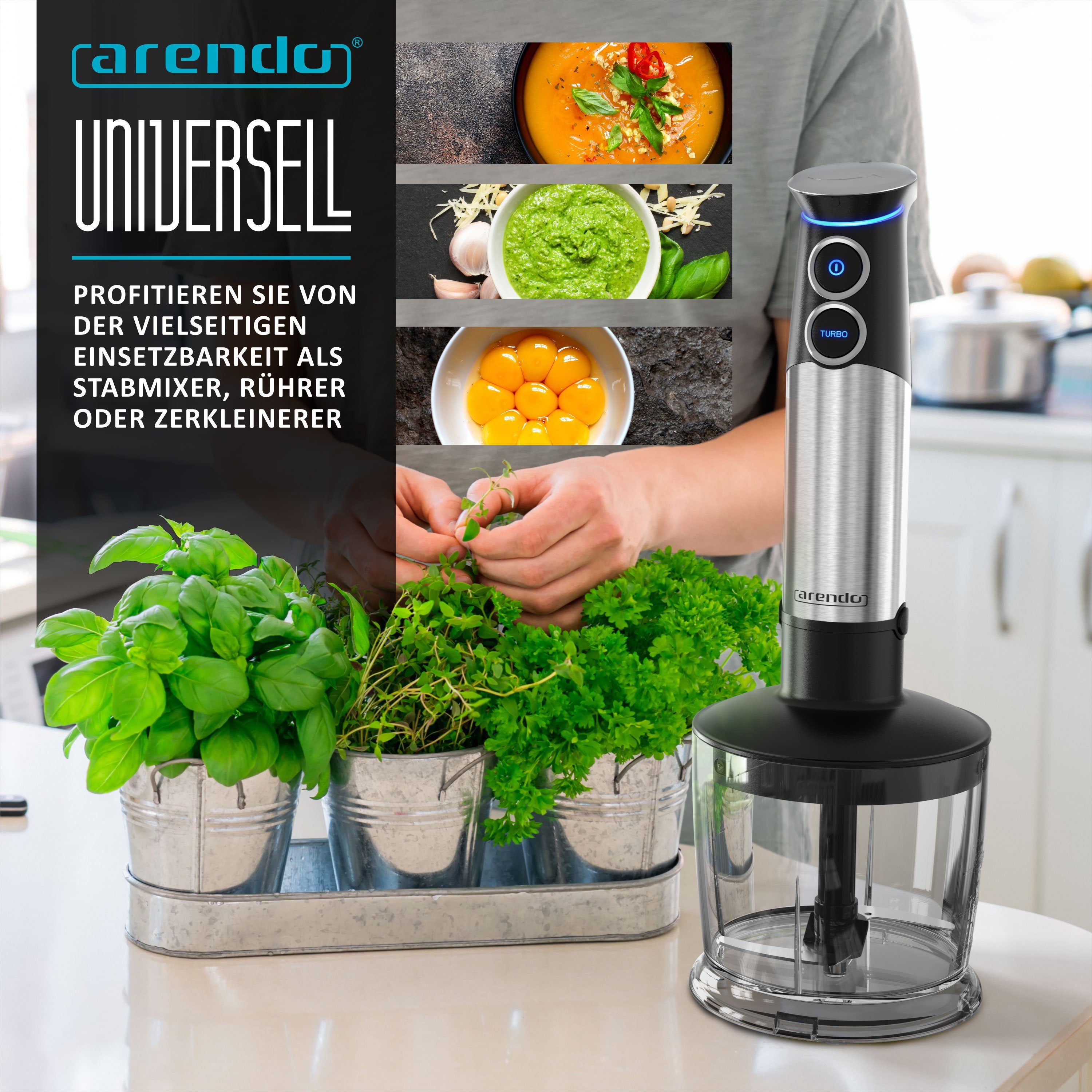 Arendo Stabmixer Edelstahl Pürierstab Set mit Zerkleinerer & Messbecher, Handmixer, 1500 W, 2 Geschwindigkeitsstufen, 4-Klingen, einfache Reinigung, DC Motor