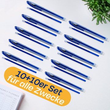 Praknu Kugelschreiber 10 radierbare Kugelschreiber Blau, (Set, 10-tlg), Mit 10 Ersatzminen - Leicht Löschbar - Mit Clip