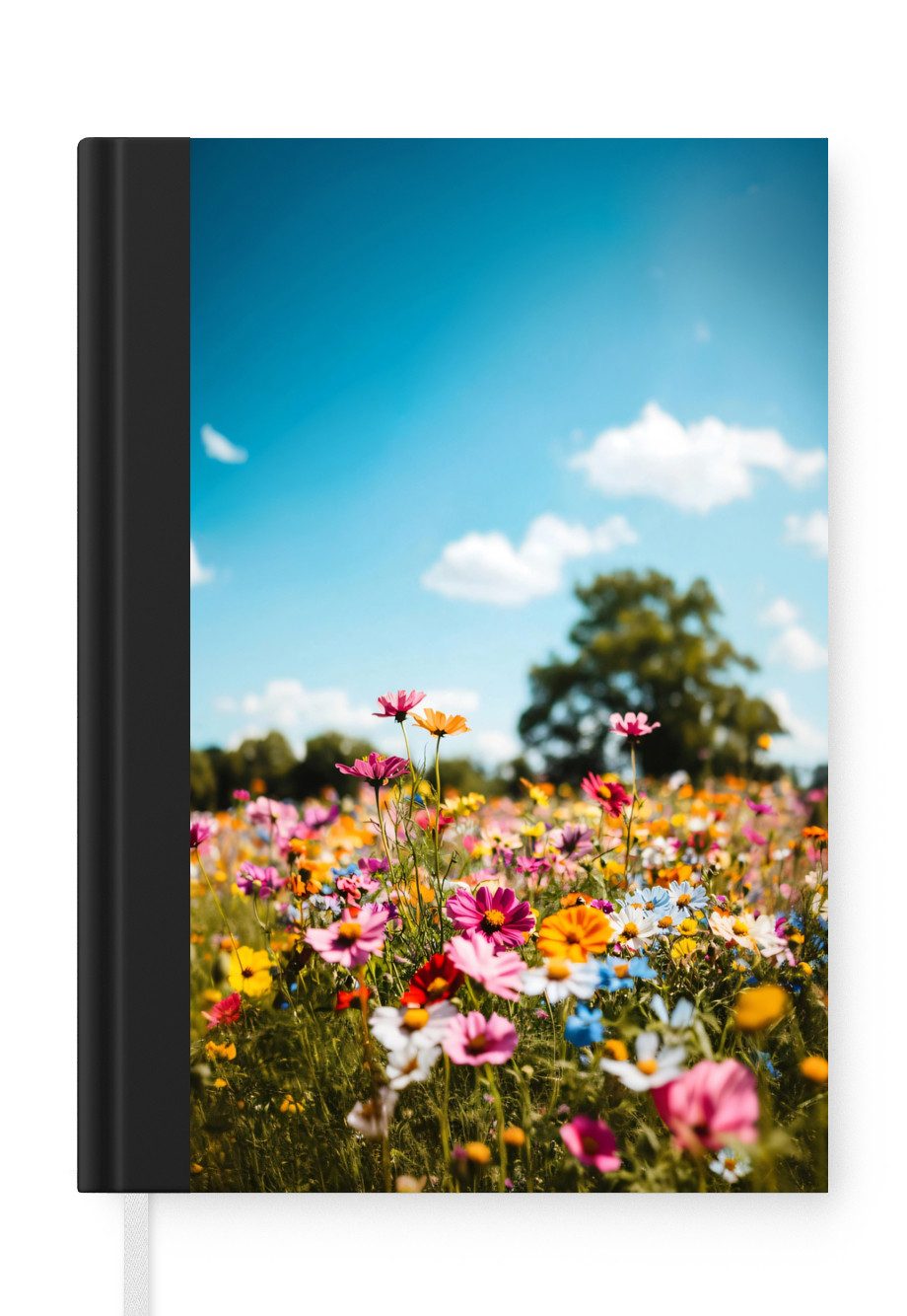 MuchoWow Notizbuch Blumenwiese - Blau - Himmel - Farben, Notebook, Notizblock a5, Tagebuch, Journal Liniert