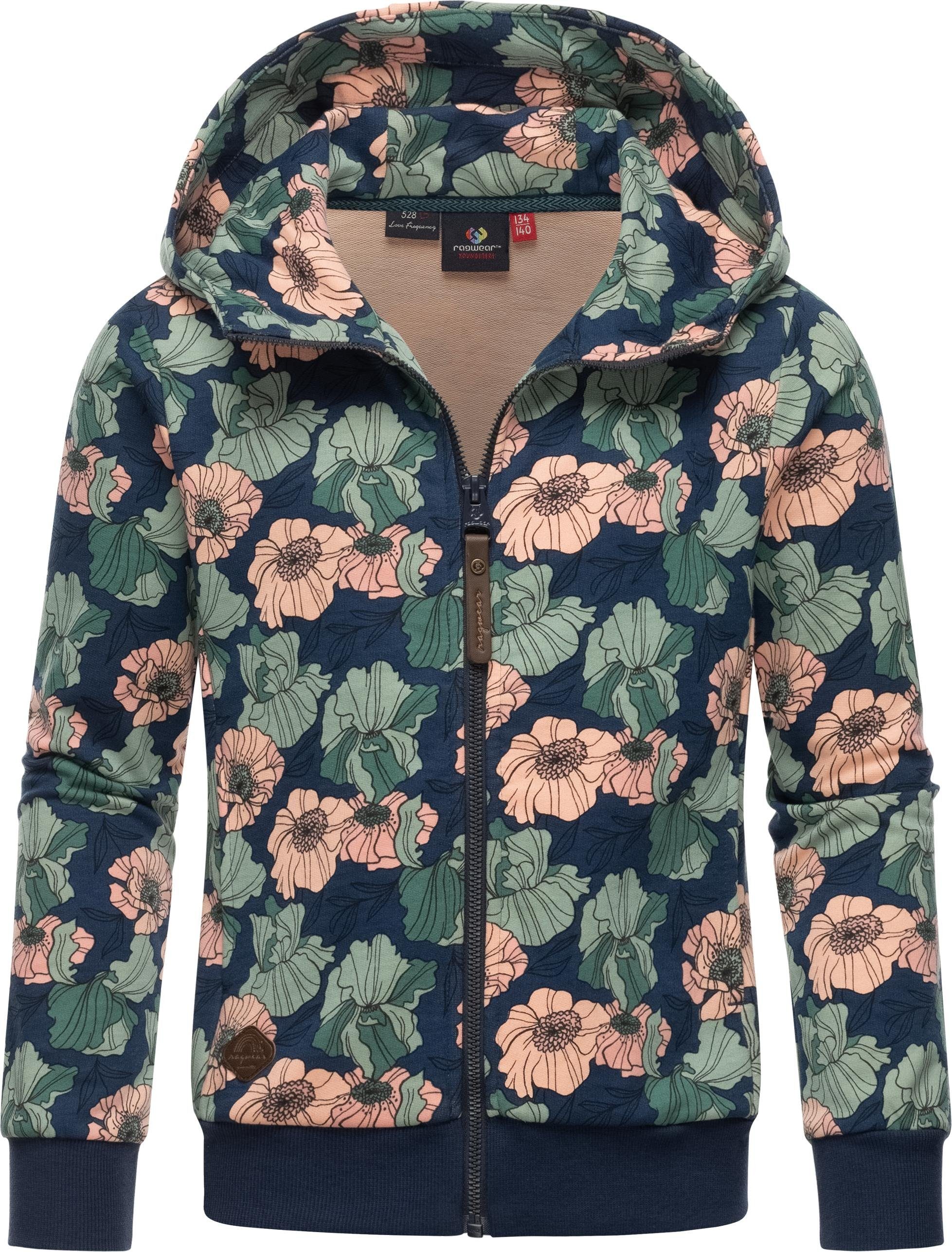 Ragwear Kapuzensweatjacke Agneska Freesia Stylische Mädchen Zip-Jacke mit Blumenmuster navy