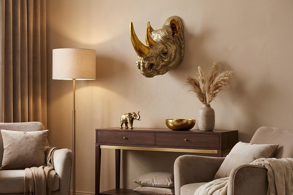 riess-ambiente Wanddekoobjekt RHINO 40cm gold – Nashorn-Skulptur, handgefertigt, Afrika, exotisch (Einzelartikel, 1 St), stilvolles Statement-Accessoire – ideal für Sideboard oder Wohnbereich
