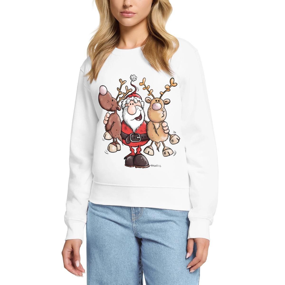 Spreadshirt Sweatshirt Fröhlicher Weihnachtsmann Mit Rentieren Cartoon Damen Premium Pullover (1-tlg)