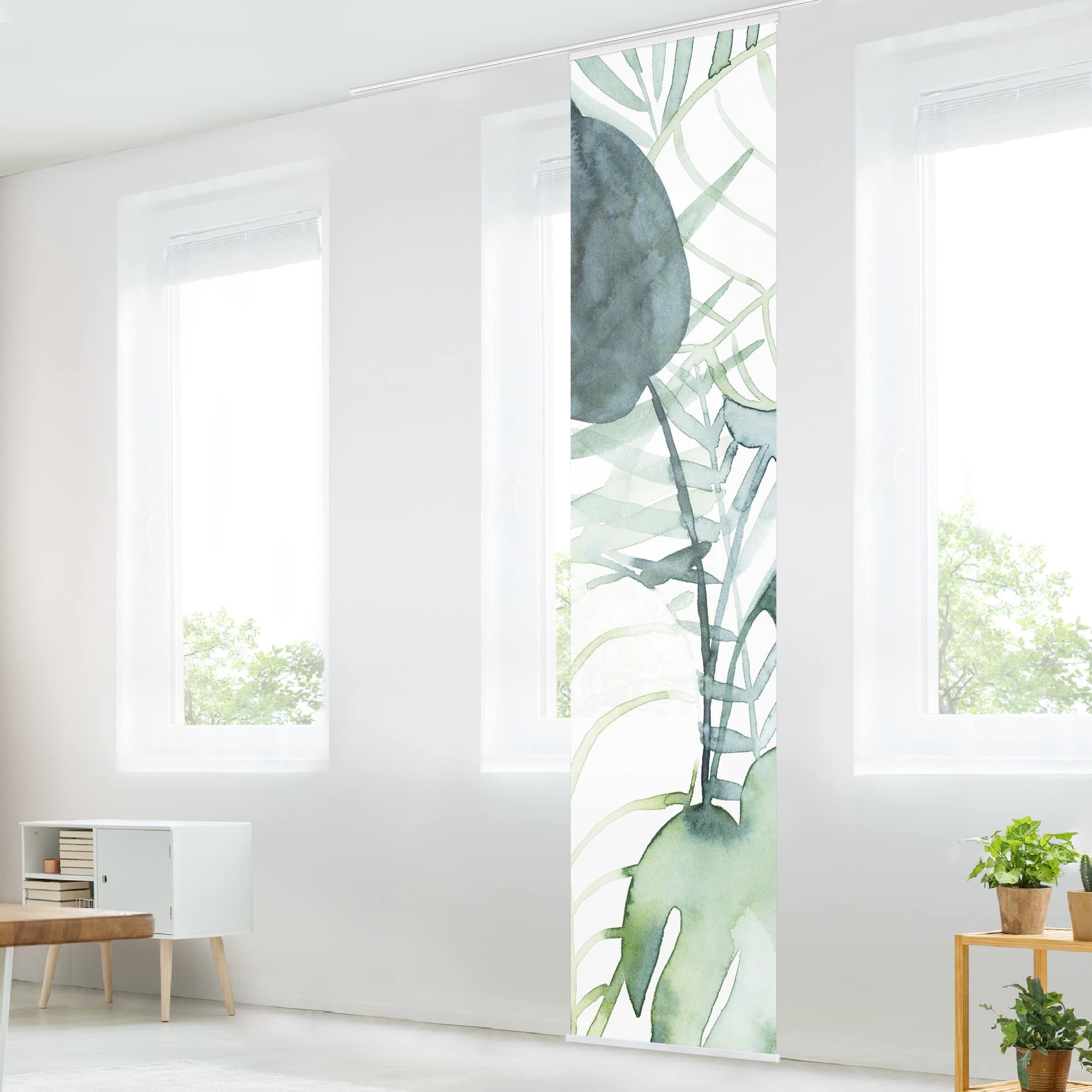 Bilderdepot24 Schiebegardine Flächenvorhang blickdicht Palmwedel Wasserfarbe II (1 St), halbtransparent, Wohnzimmer große Flächengardine lichtdurchlässig für Klemm-System